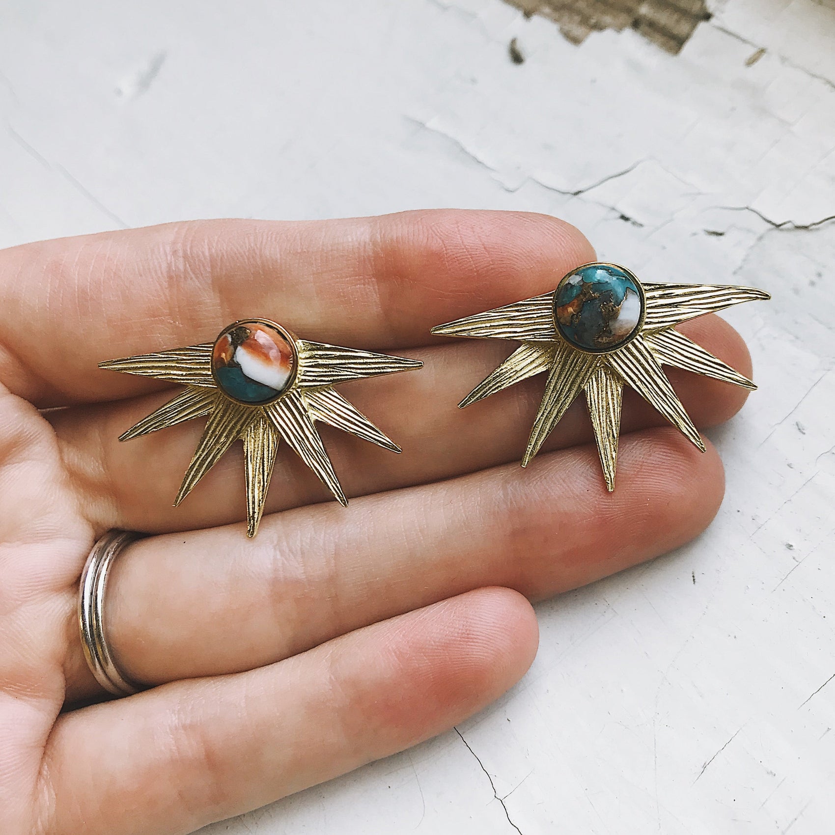 Sun Goddess Earrings with Copper Oyster Turquoise - RoshelLuxe.com