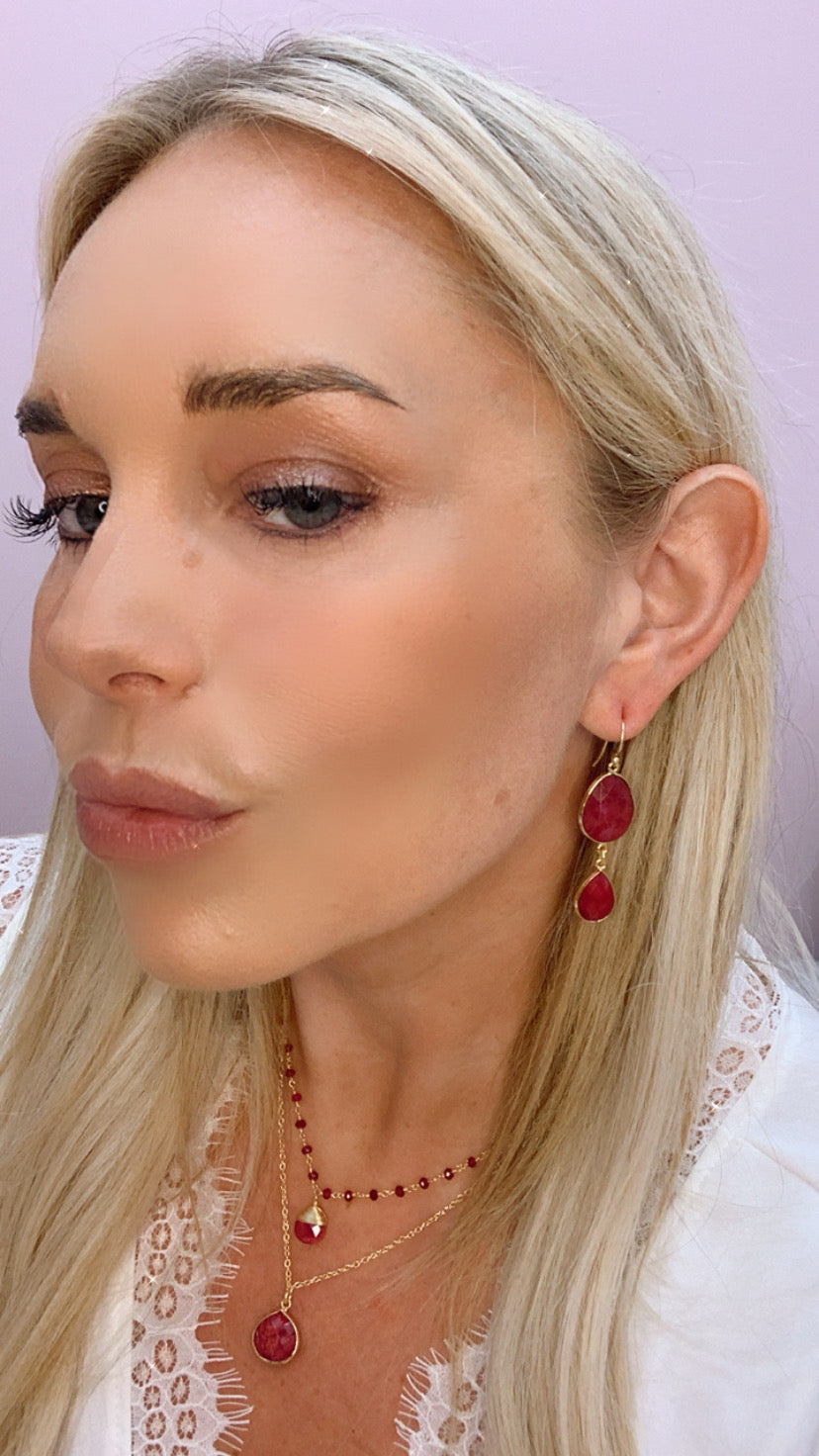 Double Jill Ruby Necklace with gold ruby chain and ruby pendant for elegant women’s luxury jewelry. - RoshelLuxe.com