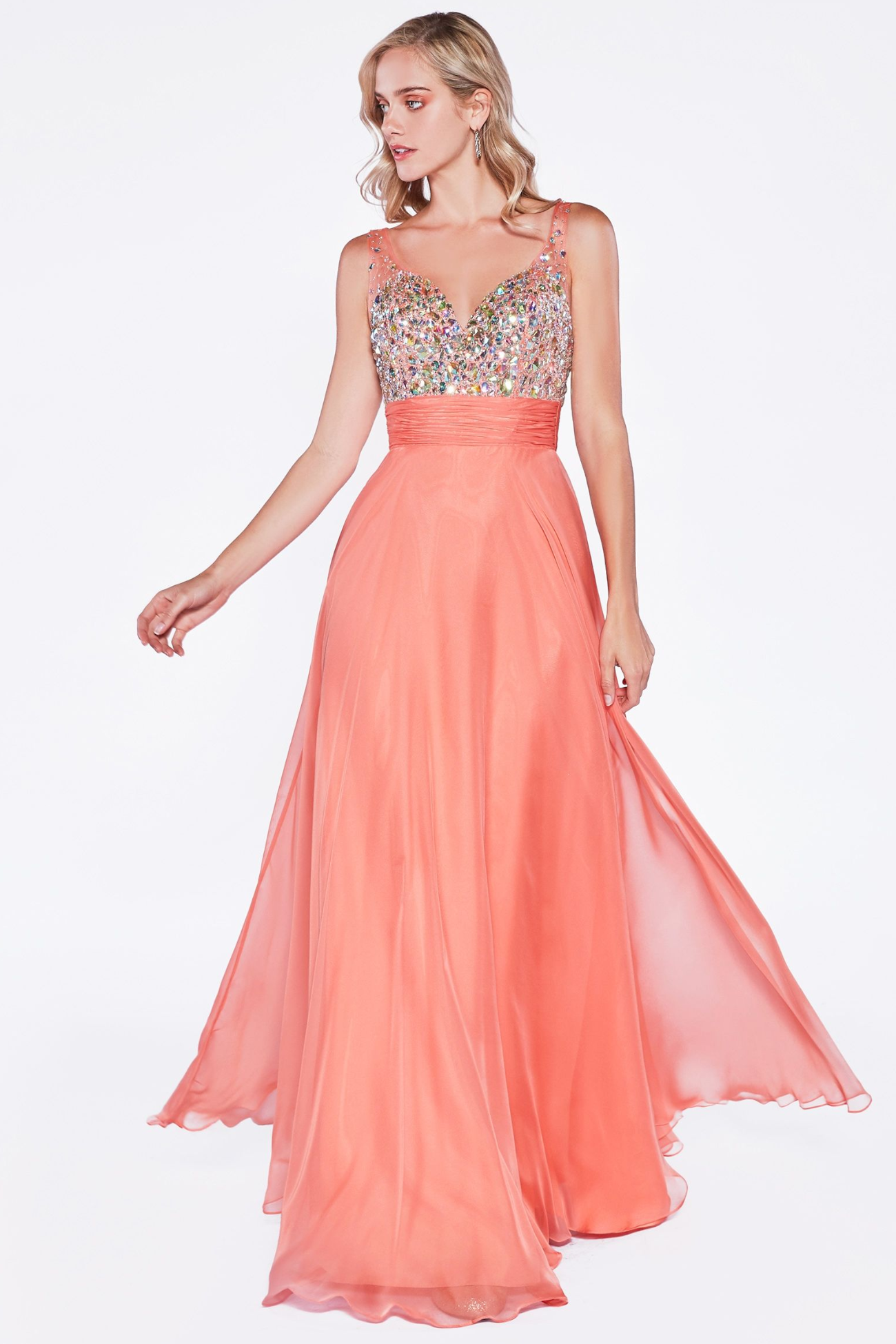 A-Line Dress with Chiffon Skirt and Beade V-Neckline Bodice - RoshelLuxe.com