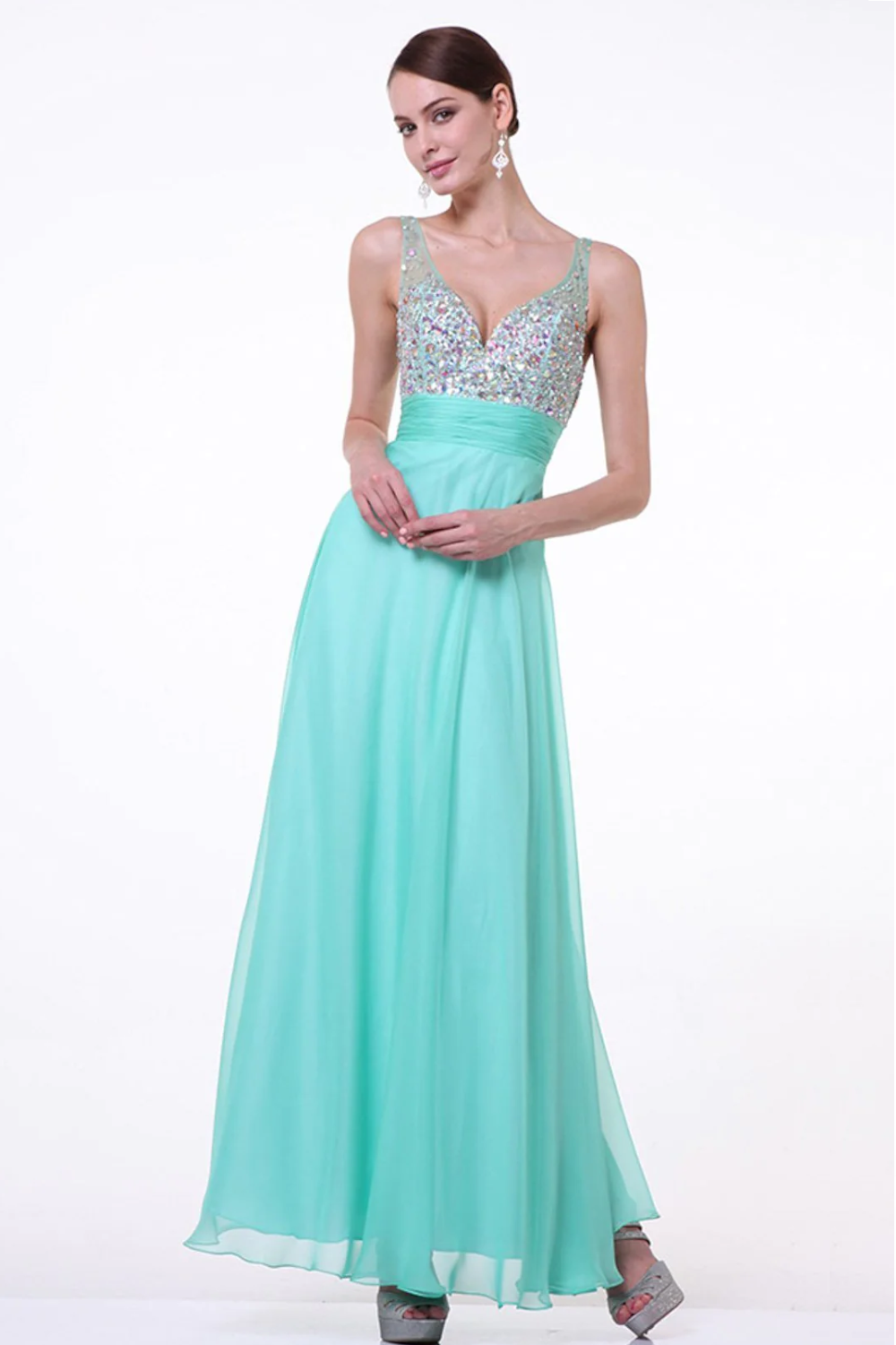 A-Line Dress with Chiffon Skirt and Beade V-Neckline Bodice - RoshelLuxe.com