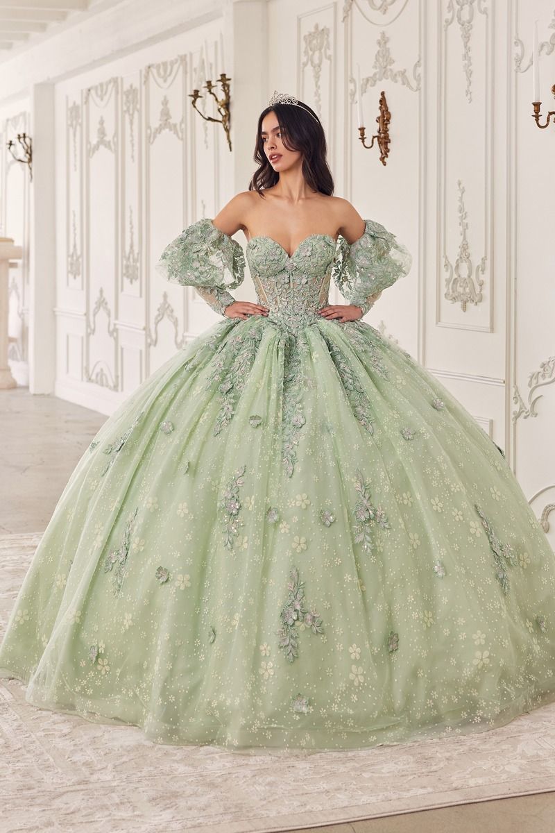 Off The Shoulder Glitter Floral Print Gold Ball Gown - RoshelLuxe.com