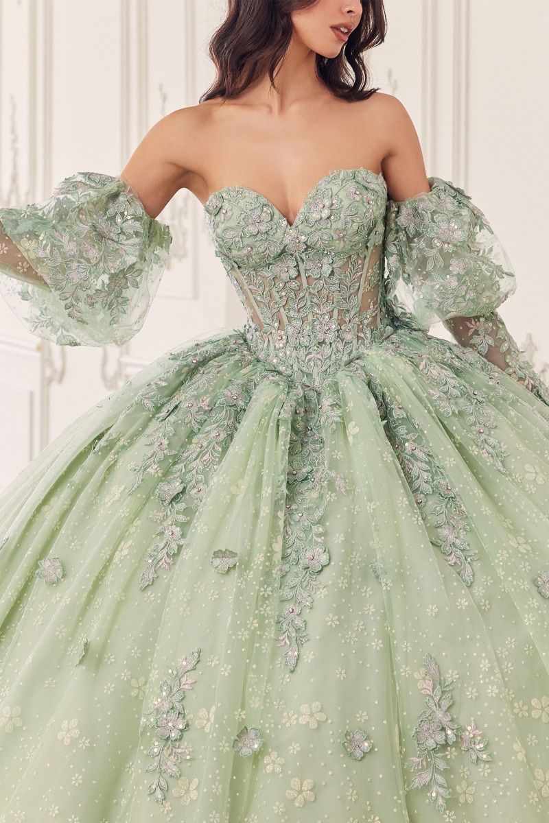 Off The Shoulder Glitter Floral Print Gold Ball Gown - RoshelLuxe.com