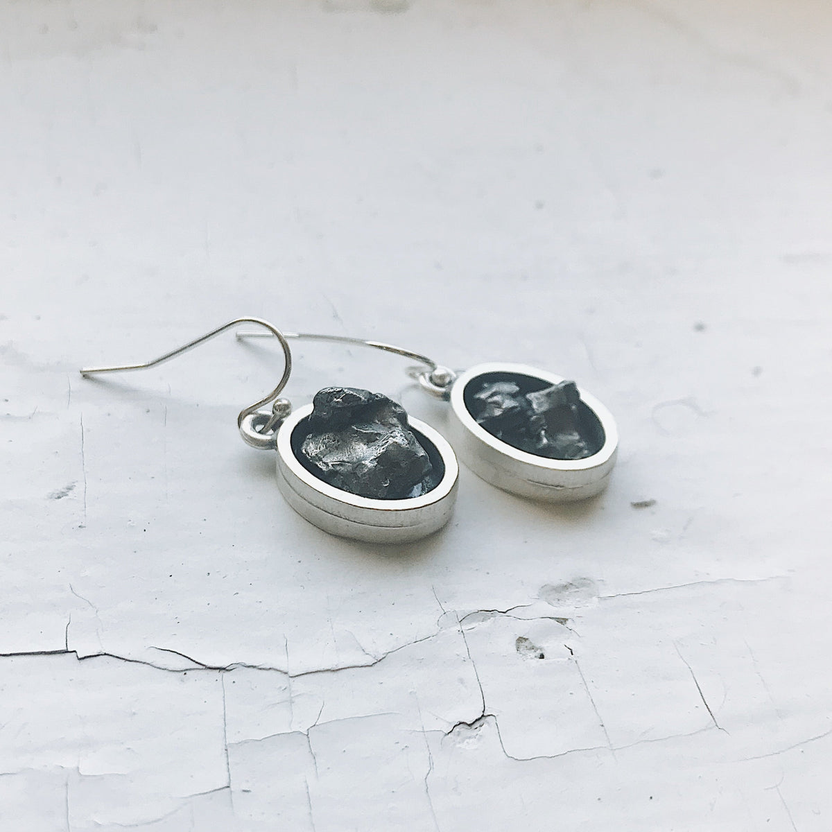 Oval Dangle Earrings with Raw Meteorite - RoshelLuxe.com