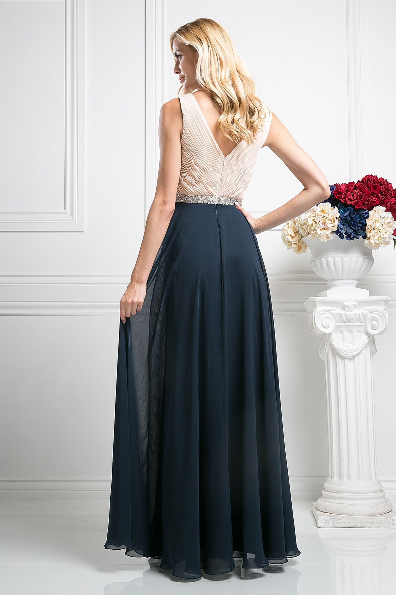 Beaded Belt Chiffon A - Line Dress - RoshelLuxe.com