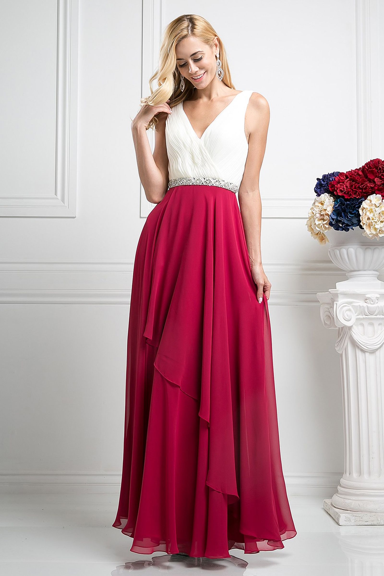 Beaded Belt Chiffon A - Line Dress - RoshelLuxe.com