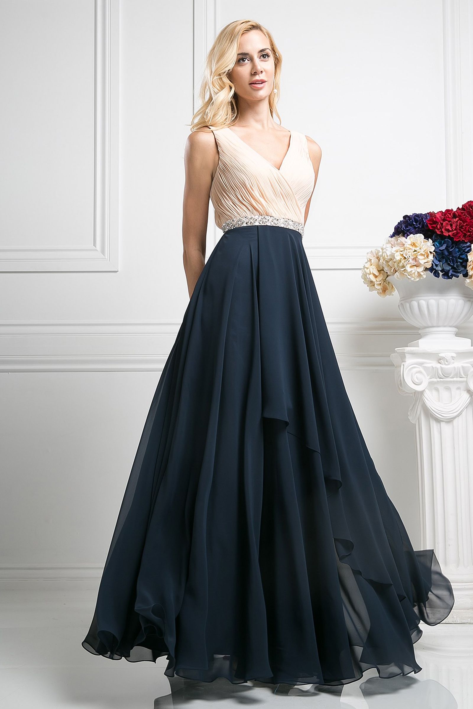 Beaded Belt Chiffon A - Line Dress - RoshelLuxe.com