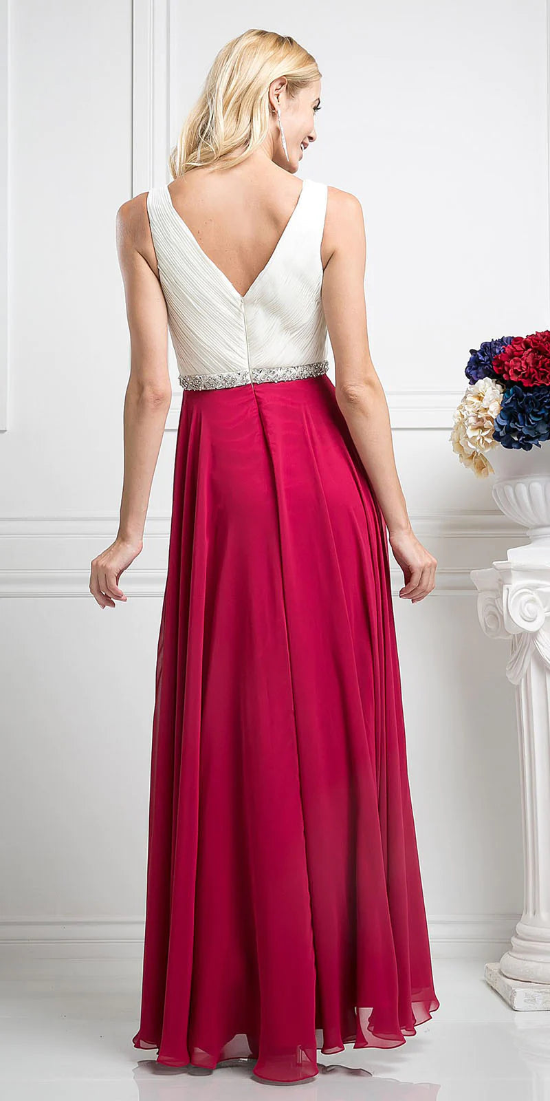 Beaded Belt Chiffon A - Line Dress - RoshelLuxe.com