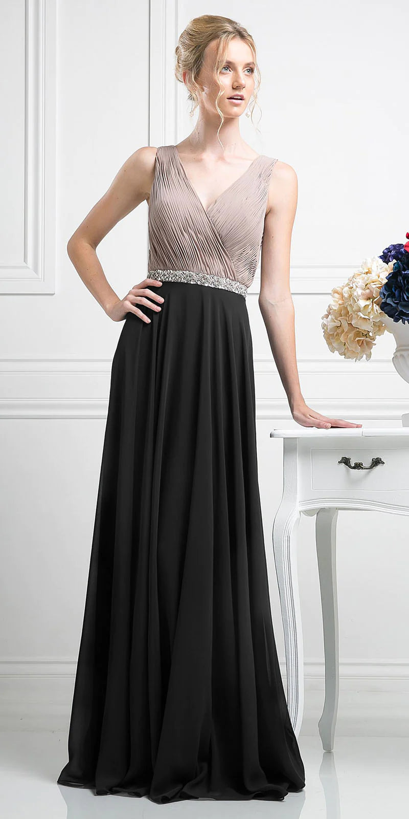 Beaded Belt Chiffon A - Line Dress - RoshelLuxe.com