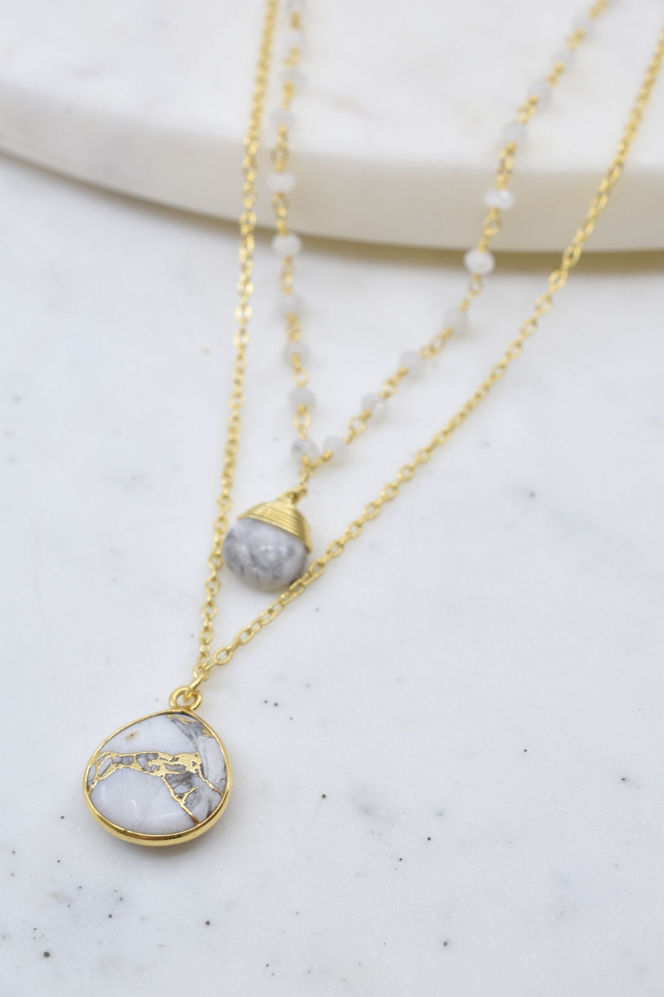 Double Jill Moonstone Necklace with gold chain and White Mojave Copper Turquoise pendant for luxury women’s jewelry. - RoshelLuxe.com
