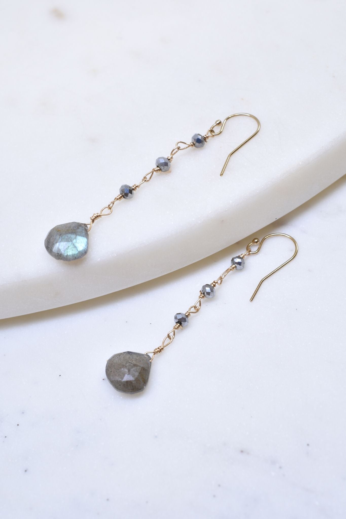 Polished pyrite and labradorite drop earrings for women - RoshelLuxe.com