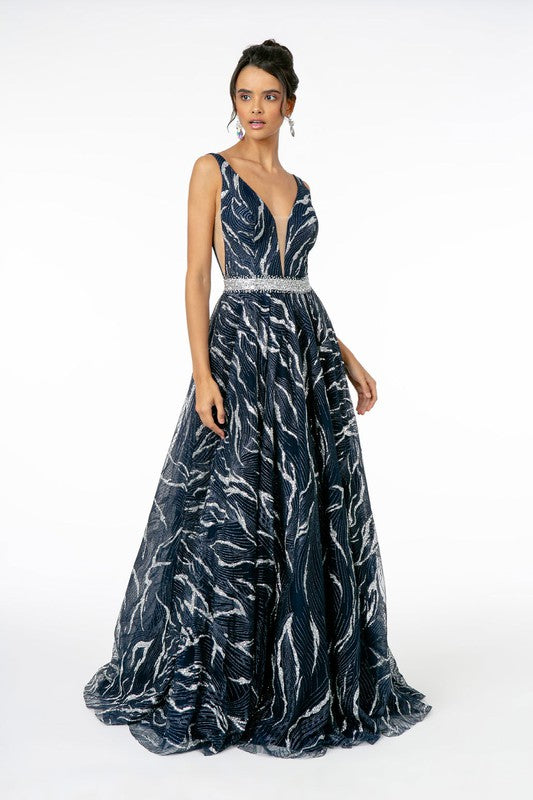 Jewel Accented Waist Glitter Long A-line Silhouette Dress from GLS by Gloria - RoshelLuxe.com