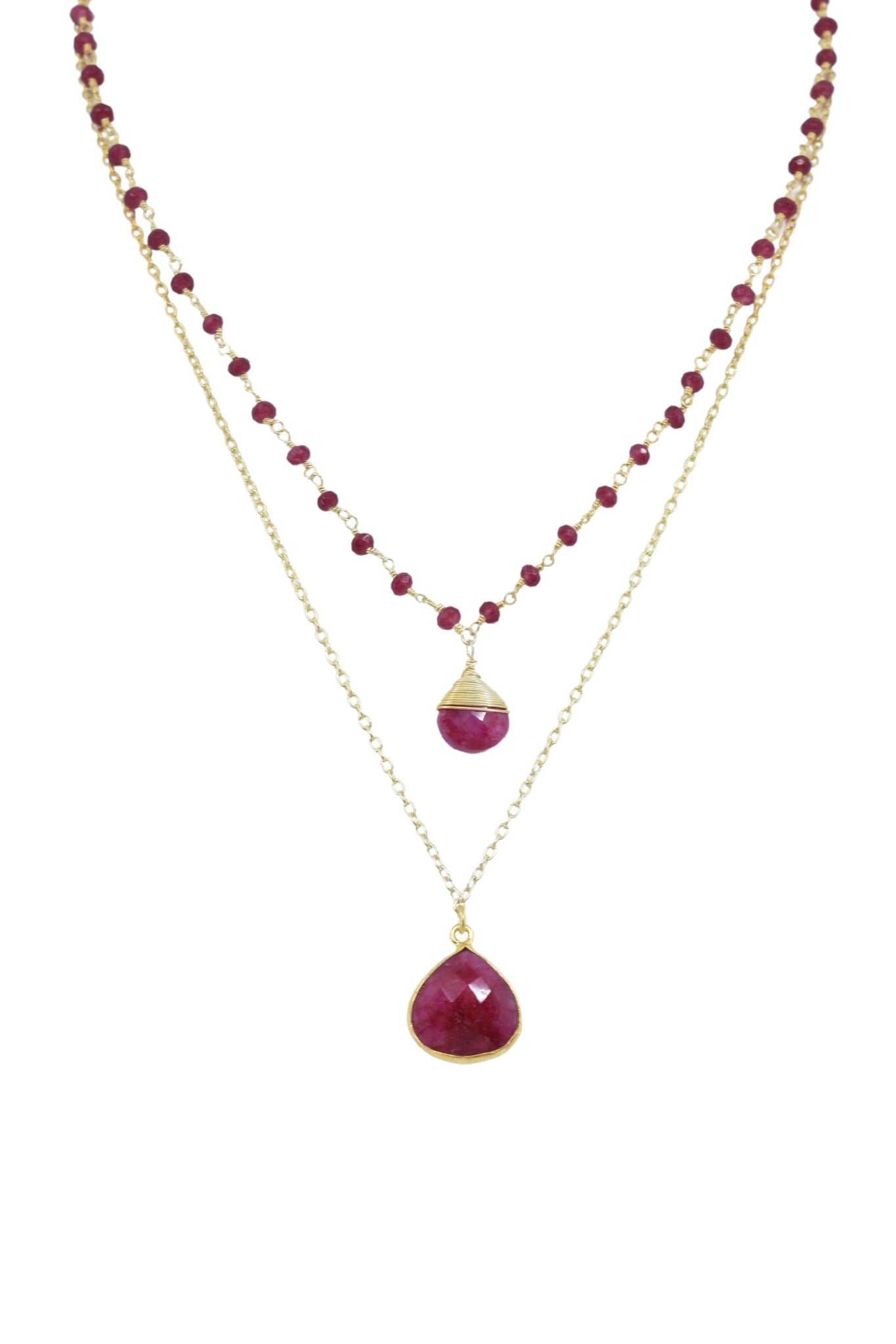 Double Jill Ruby Necklace with gold ruby chain and ruby pendant for elegant women’s luxury jewelry. - RoshelLuxe.com