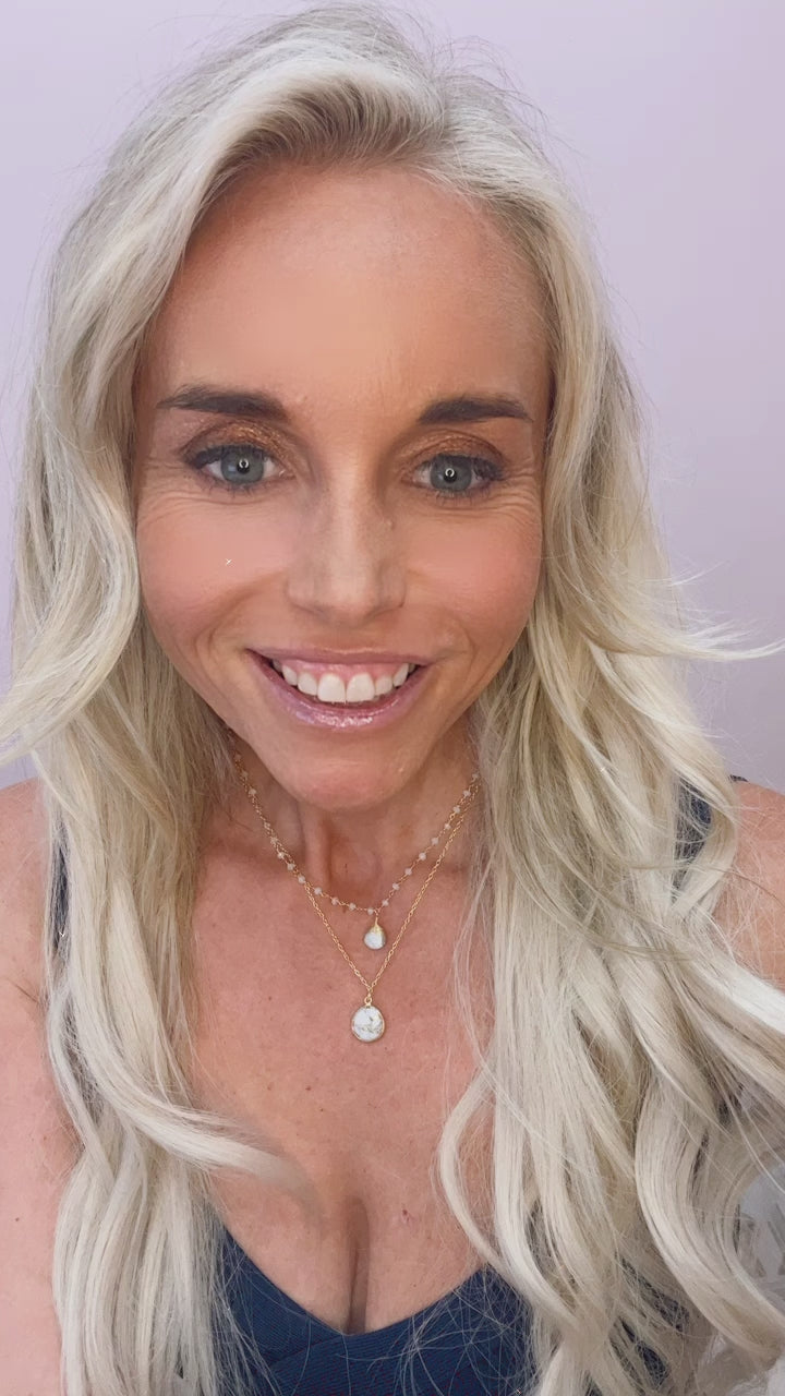 Double Jill Moonstone Necklace with gold chain and White Mojave Copper Turquoise pendant for luxury women’s jewelry. - RoshelLuxe.com