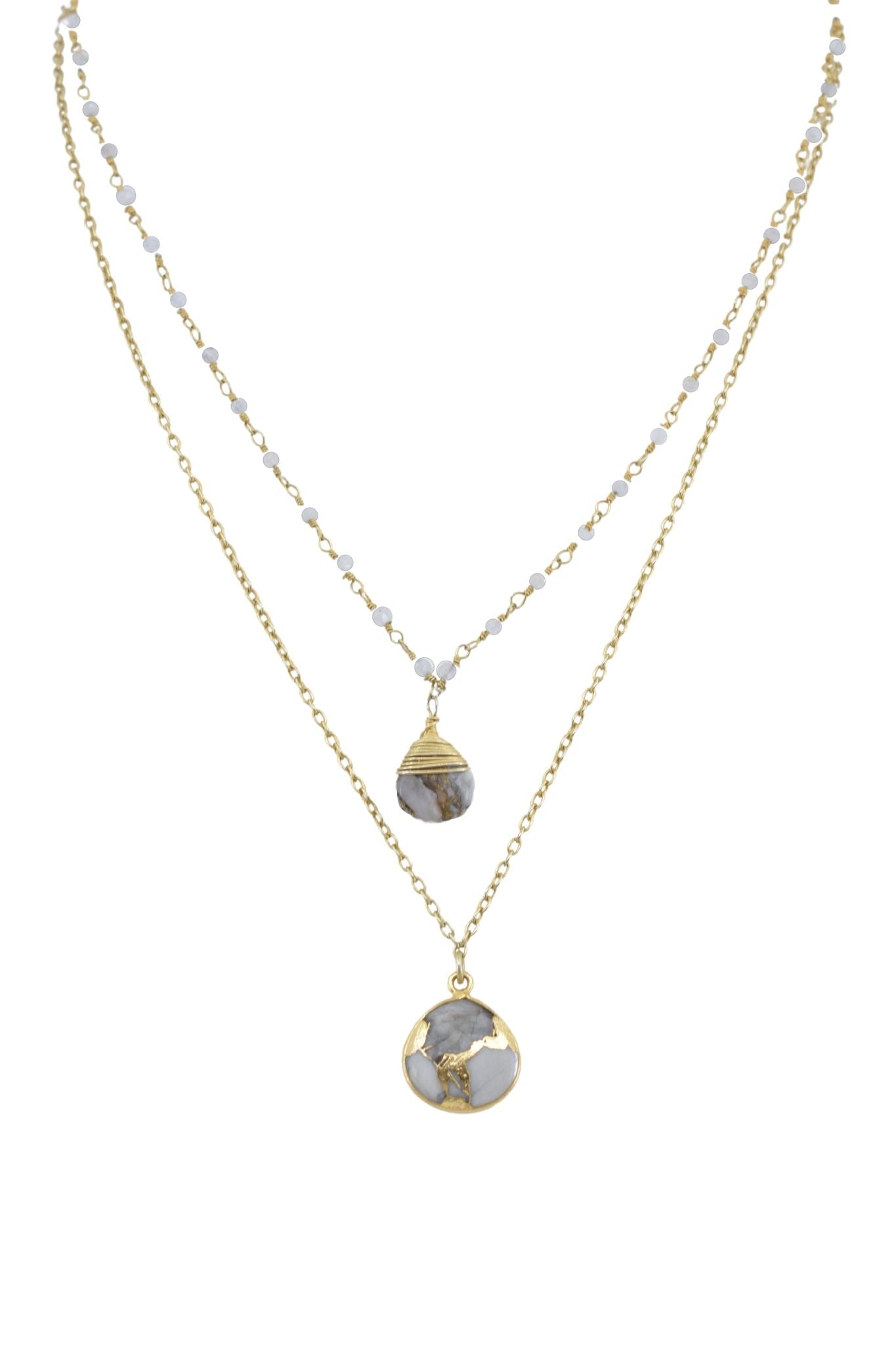 Double Jill Moonstone Necklace with gold chain and White Mojave Copper Turquoise pendant for luxury women’s jewelry. - RoshelLuxe.com