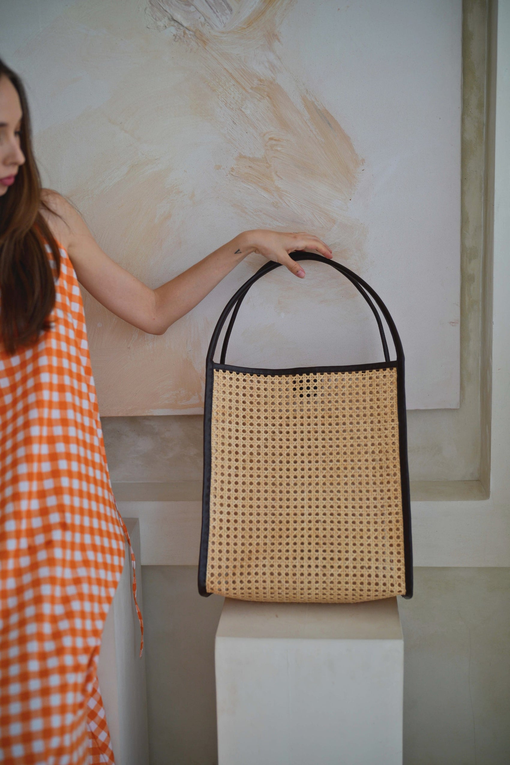 Viviana Oversized Cane and Leather Tote in Dark Brown - RoshelLuxe.com