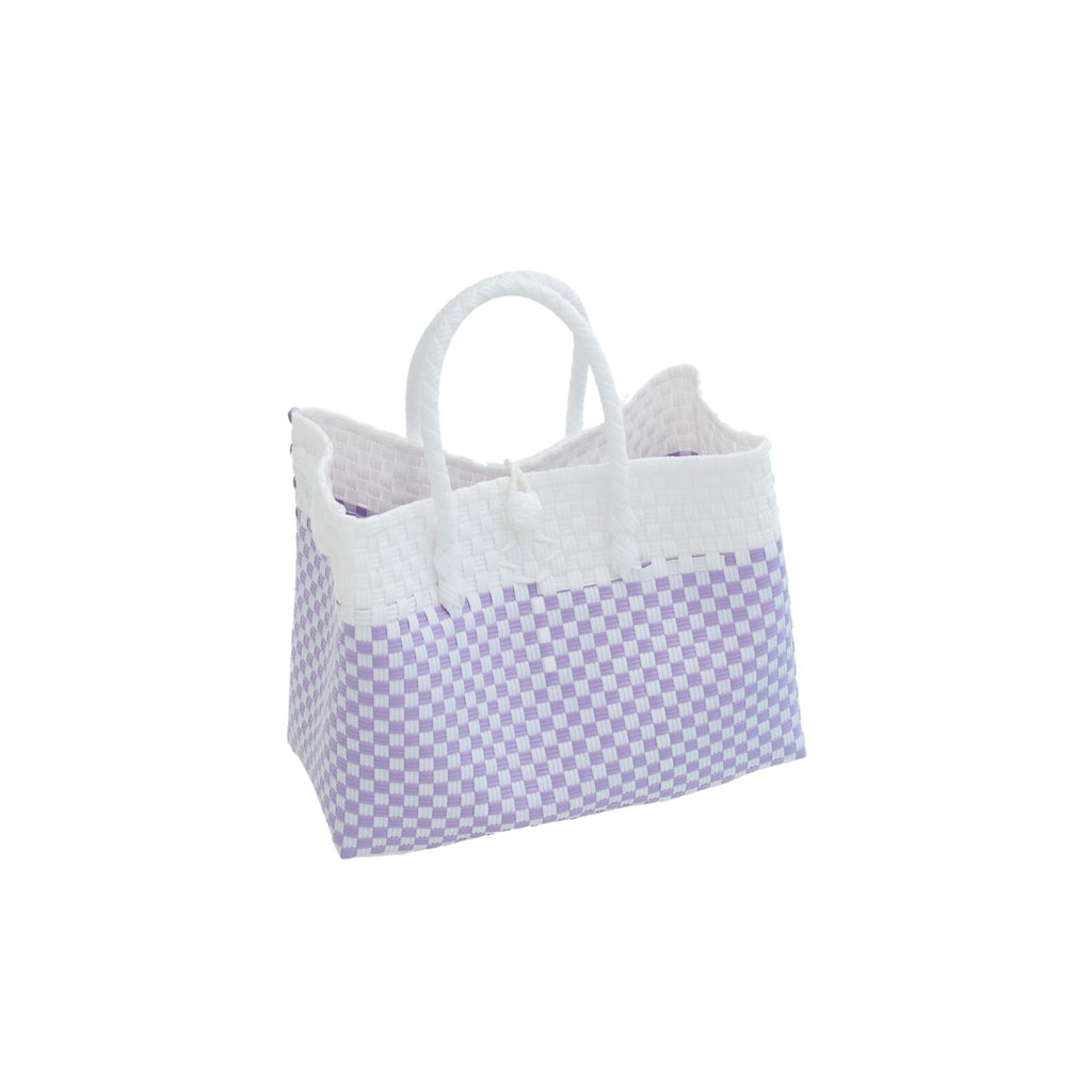 Lola Recycled Plastic Woven Tote Large - White and Lite Purple Checker