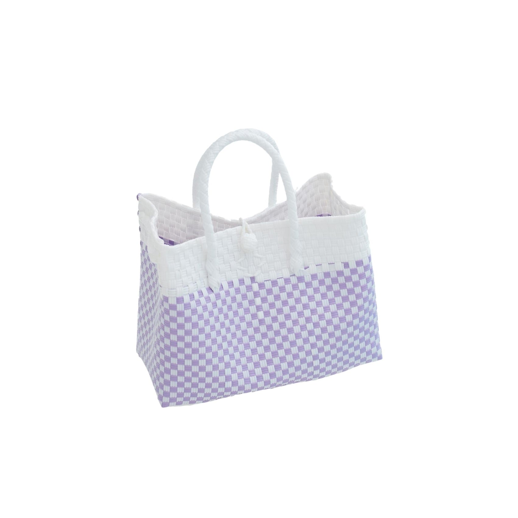 Lola Recycled Plastic Woven Tote Large - White and Lite Purple Checker - RoshelLuxe.com