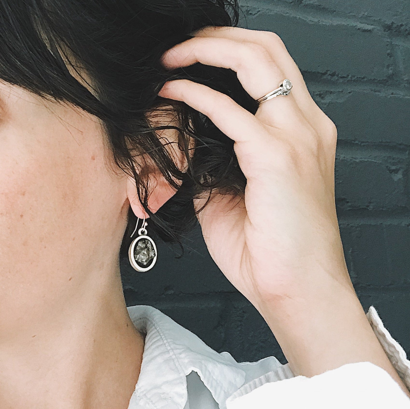 Oval Dangle Earrings with Raw Meteorite - RoshelLuxe.com