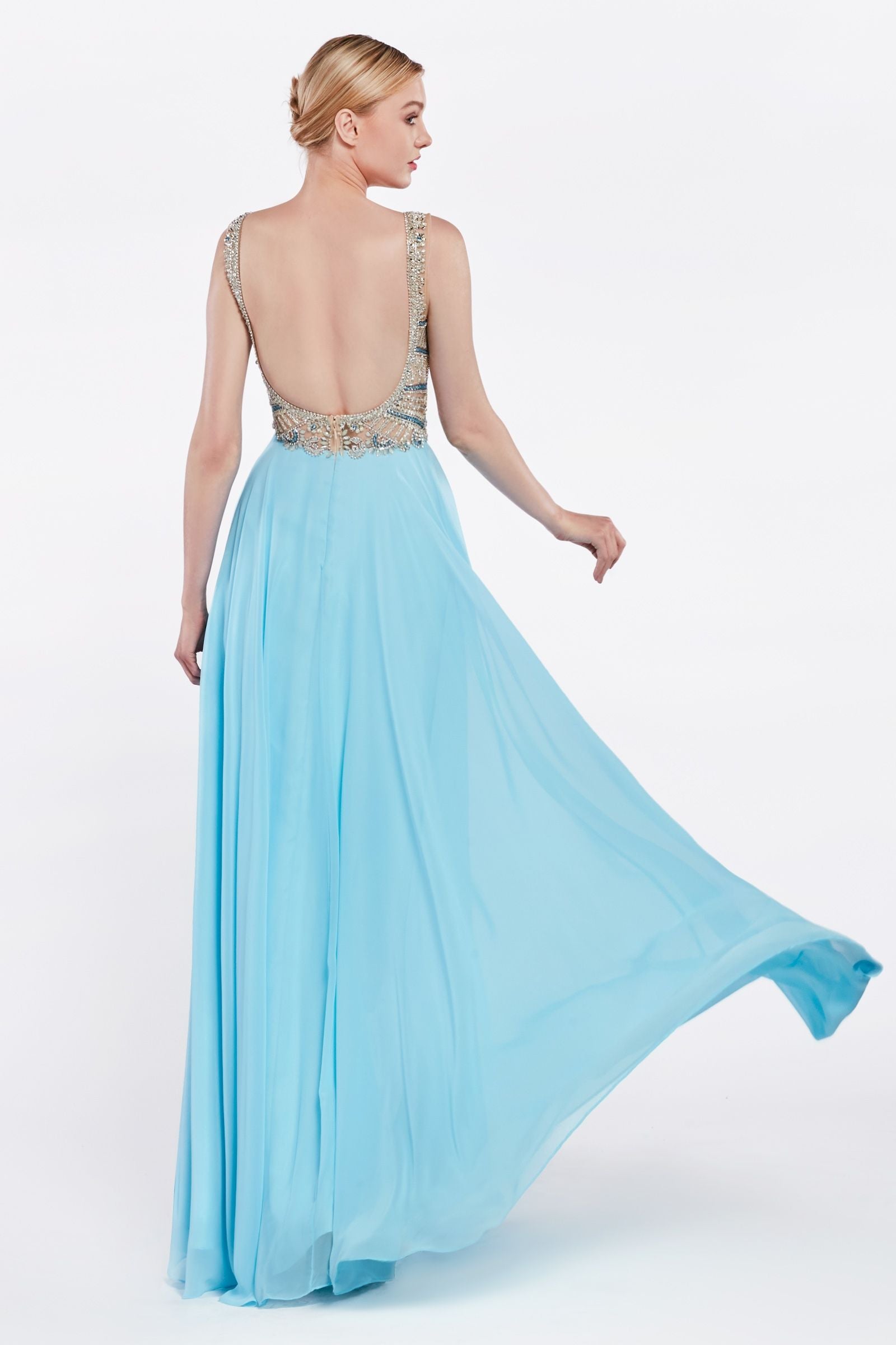 A-line chiffon dress with embellished top and open back - RoshelLuxe.com