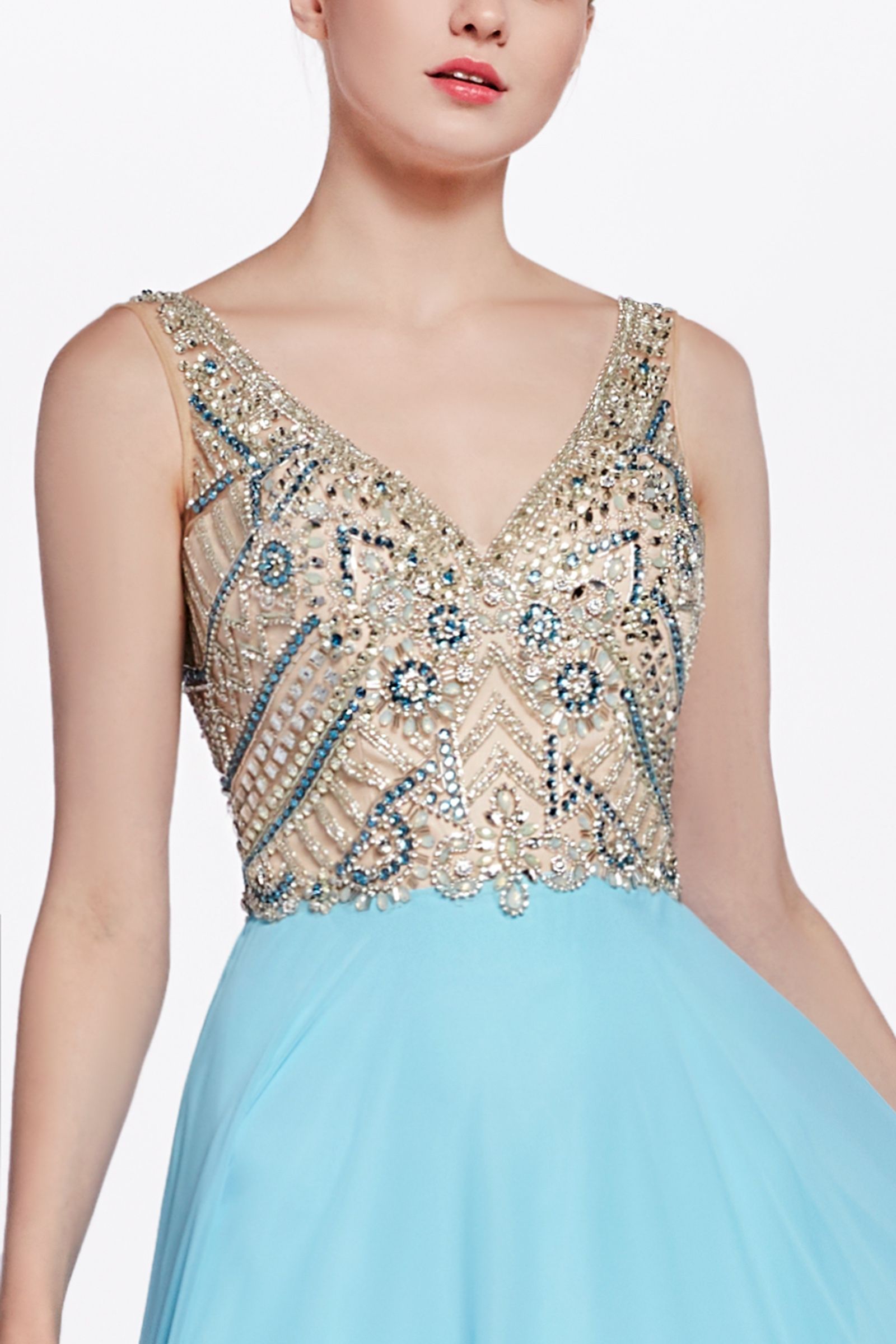 A-line chiffon dress with embellished top and open back - RoshelLuxe.com