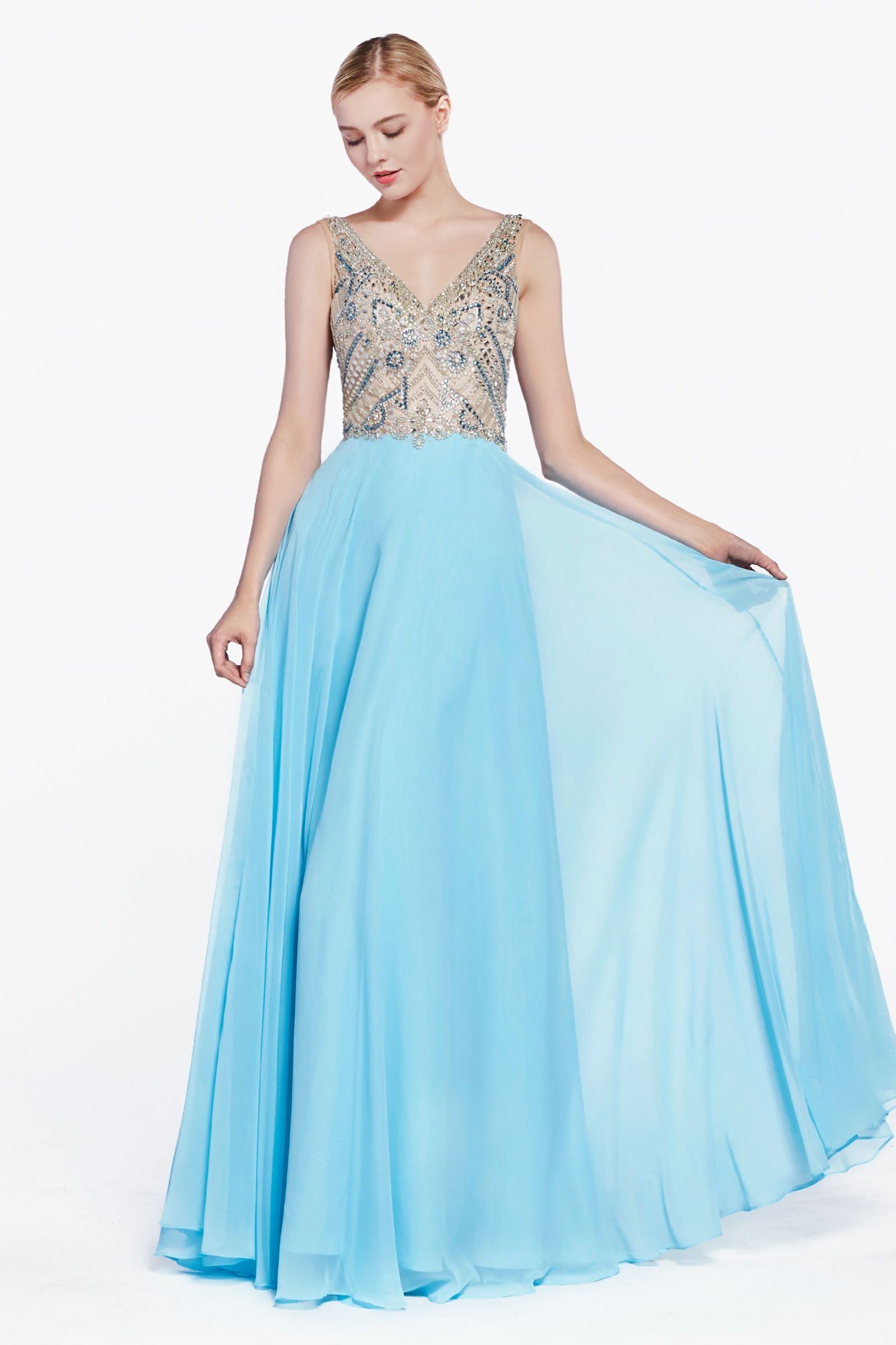 A-line chiffon dress with embellished top and open back - RoshelLuxe.com
