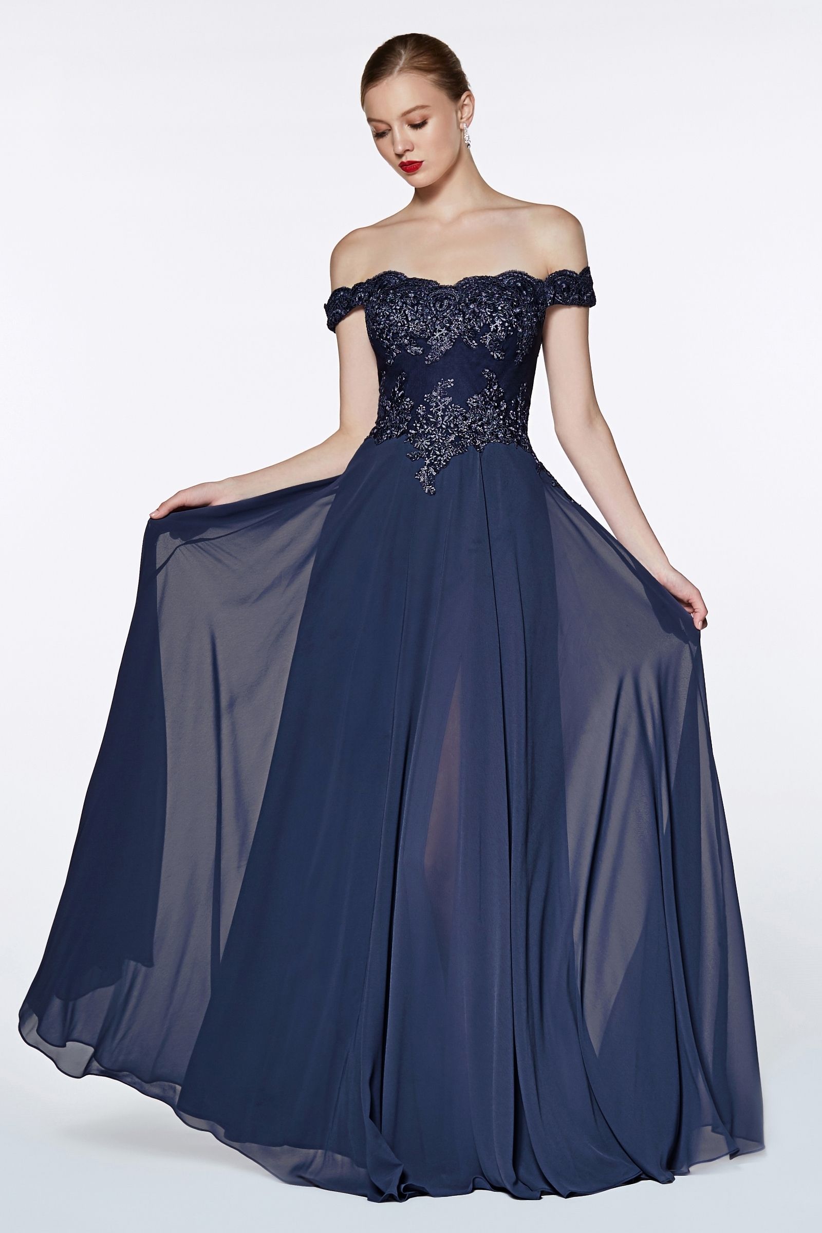 Off The Shoulder Lace Bodice Gown With Flowy Chiffon Bottom And Leg Slit In Lining. - RoshelLuxe.com