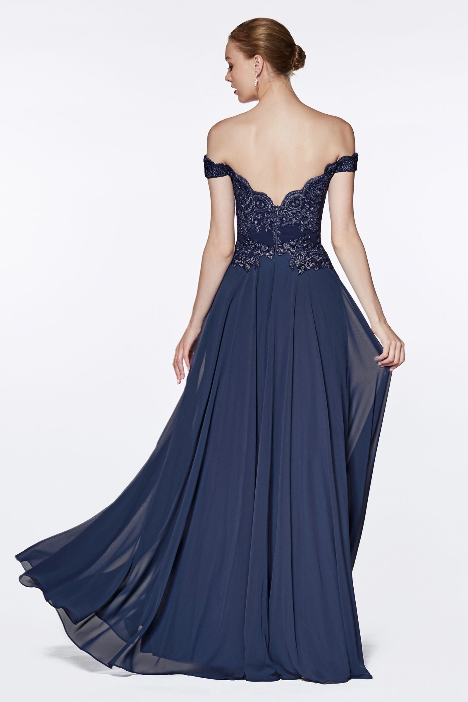 Off The Shoulder Lace Bodice Gown With Flowy Chiffon Bottom And Leg Slit In Lining. - RoshelLuxe.com