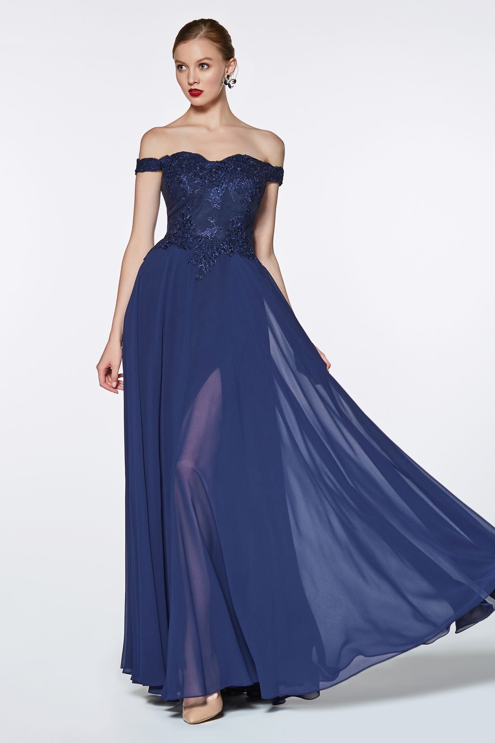 Off The Shoulder Lace Bodice Gown With Flowy Chiffon Bottom And Leg Slit In Lining. - RoshelLuxe.com