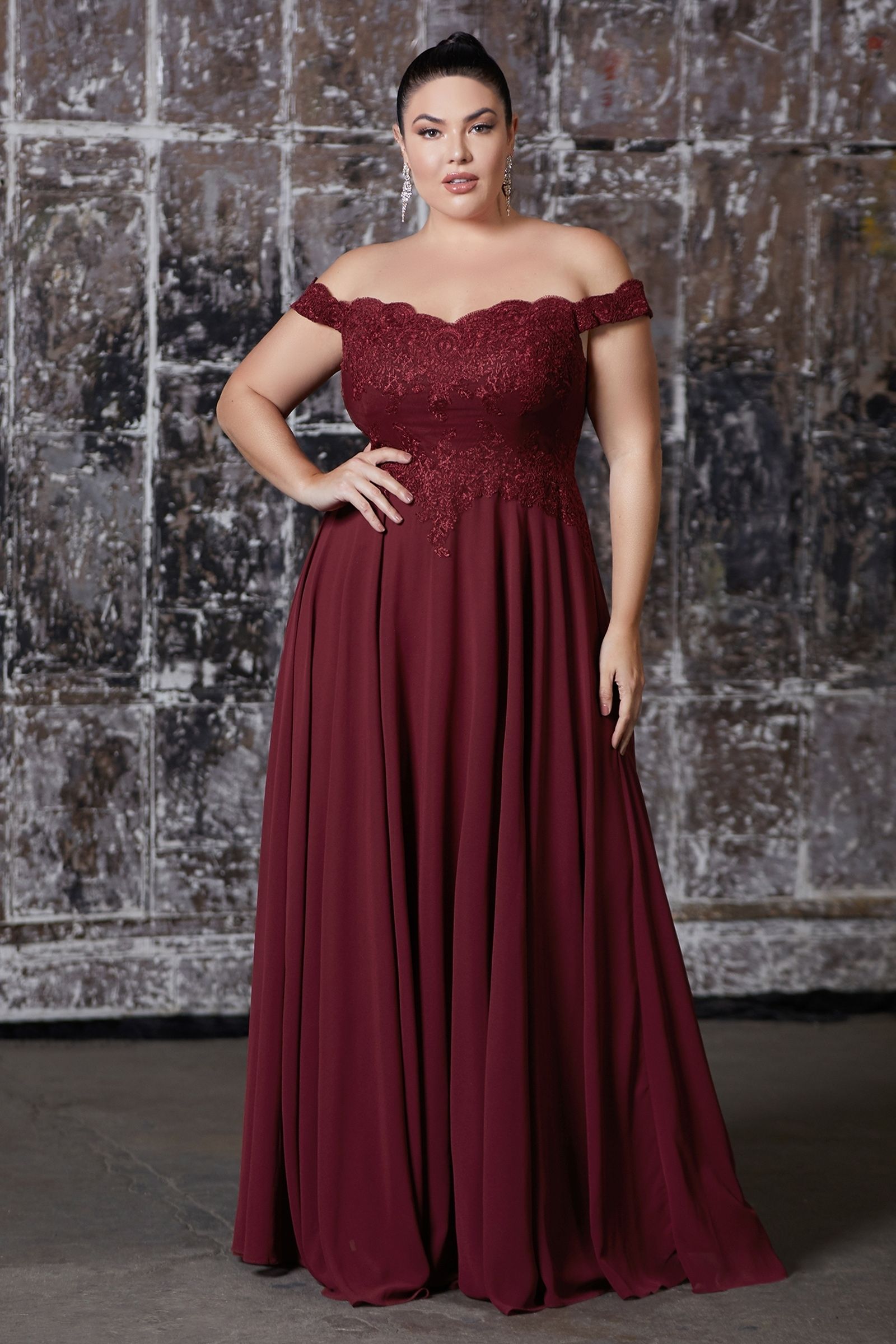 Off The Shoulder Lace Bodice Gown With Flowy Chiffon Bottom And Leg Slit In Lining. - RoshelLuxe.com