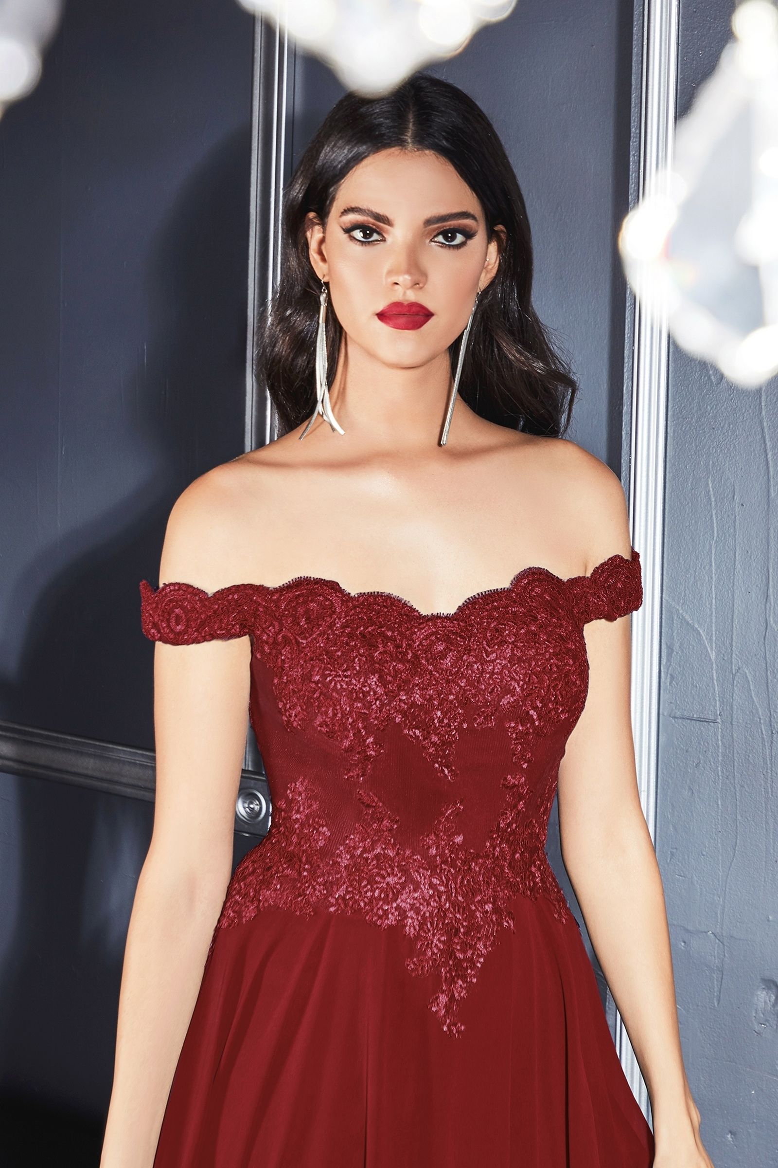 Off The Shoulder Lace Bodice Gown With Flowy Chiffon Bottom And Leg Slit In Lining. - RoshelLuxe.com