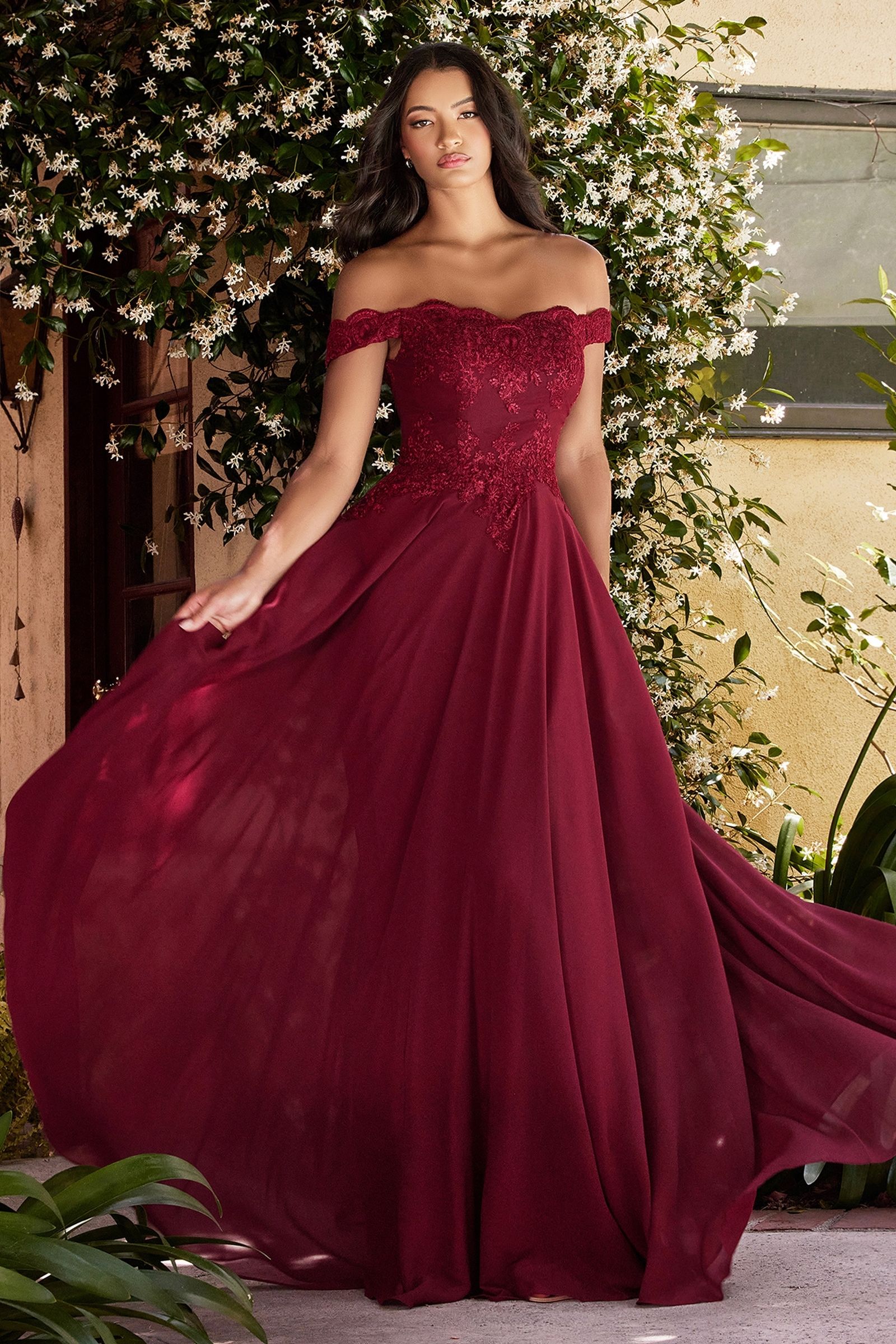 Off The Shoulder Lace Bodice Gown With Flowy Chiffon Bottom And Leg Slit In Lining. - RoshelLuxe.com