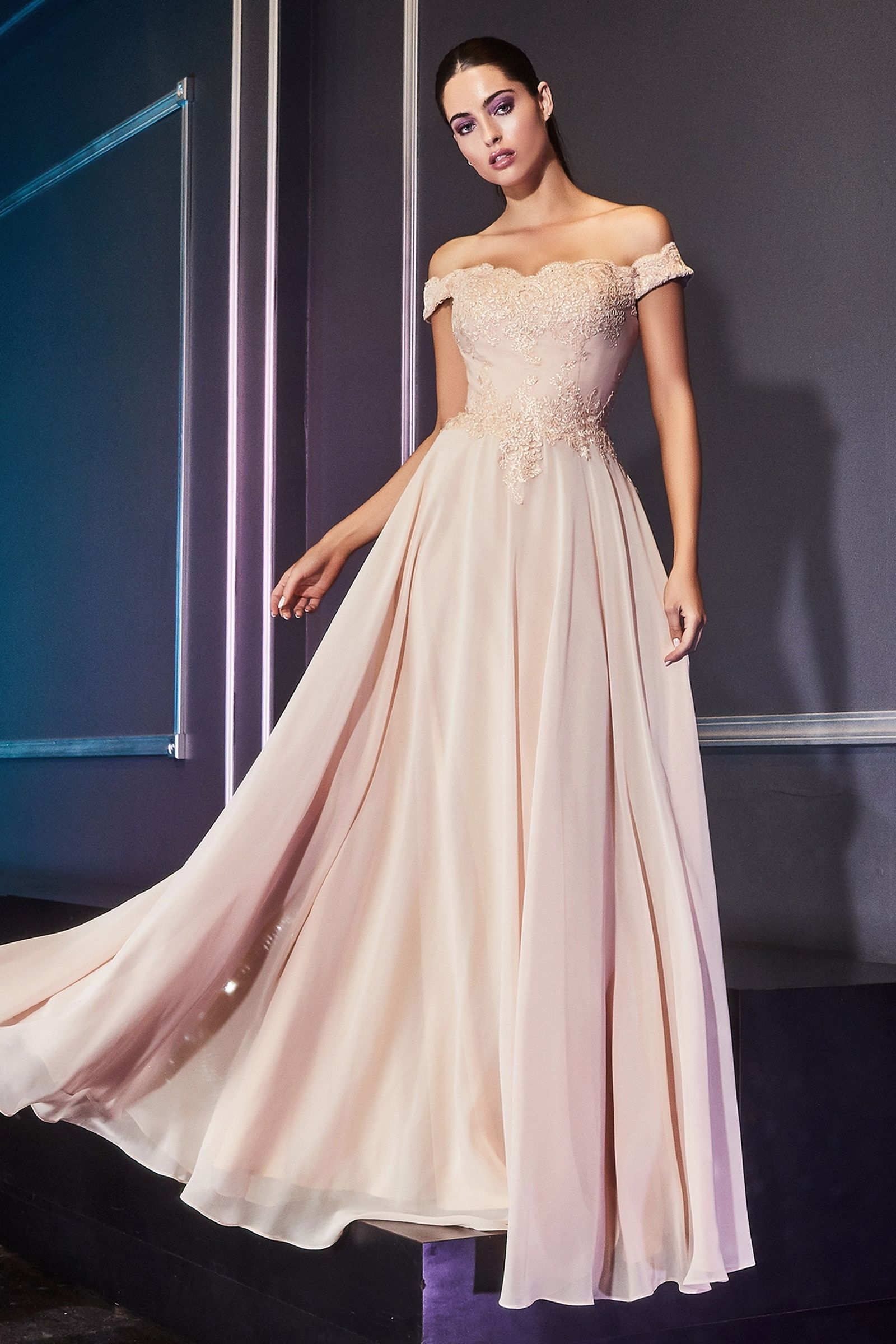 Off The Shoulder Lace Bodice Gown With Flowy Chiffon Bottom And Leg Slit In Lining. - RoshelLuxe.com
