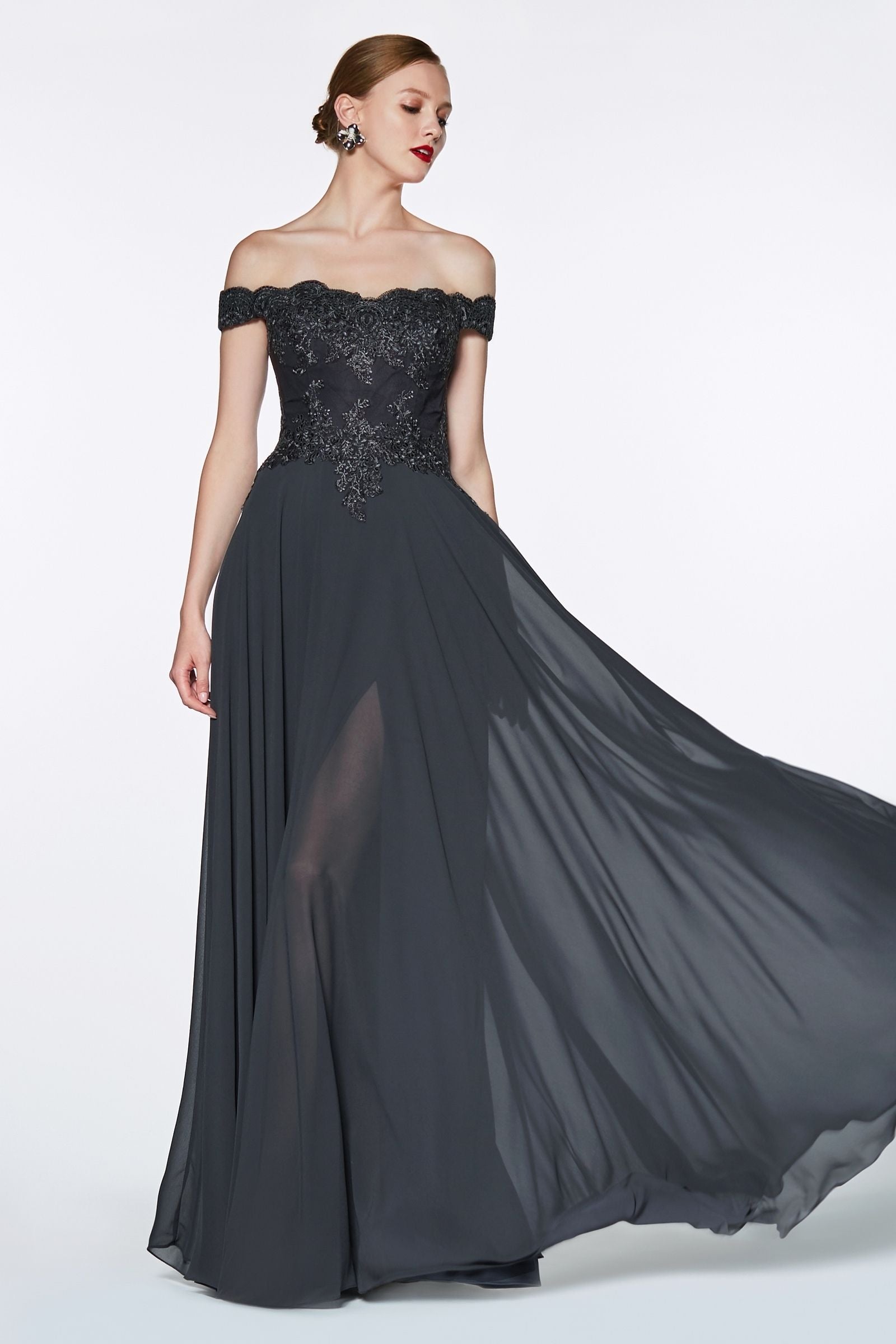 Off The Shoulder Lace Bodice Gown With Flowy Chiffon Bottom And Leg Slit In Lining. - RoshelLuxe.com