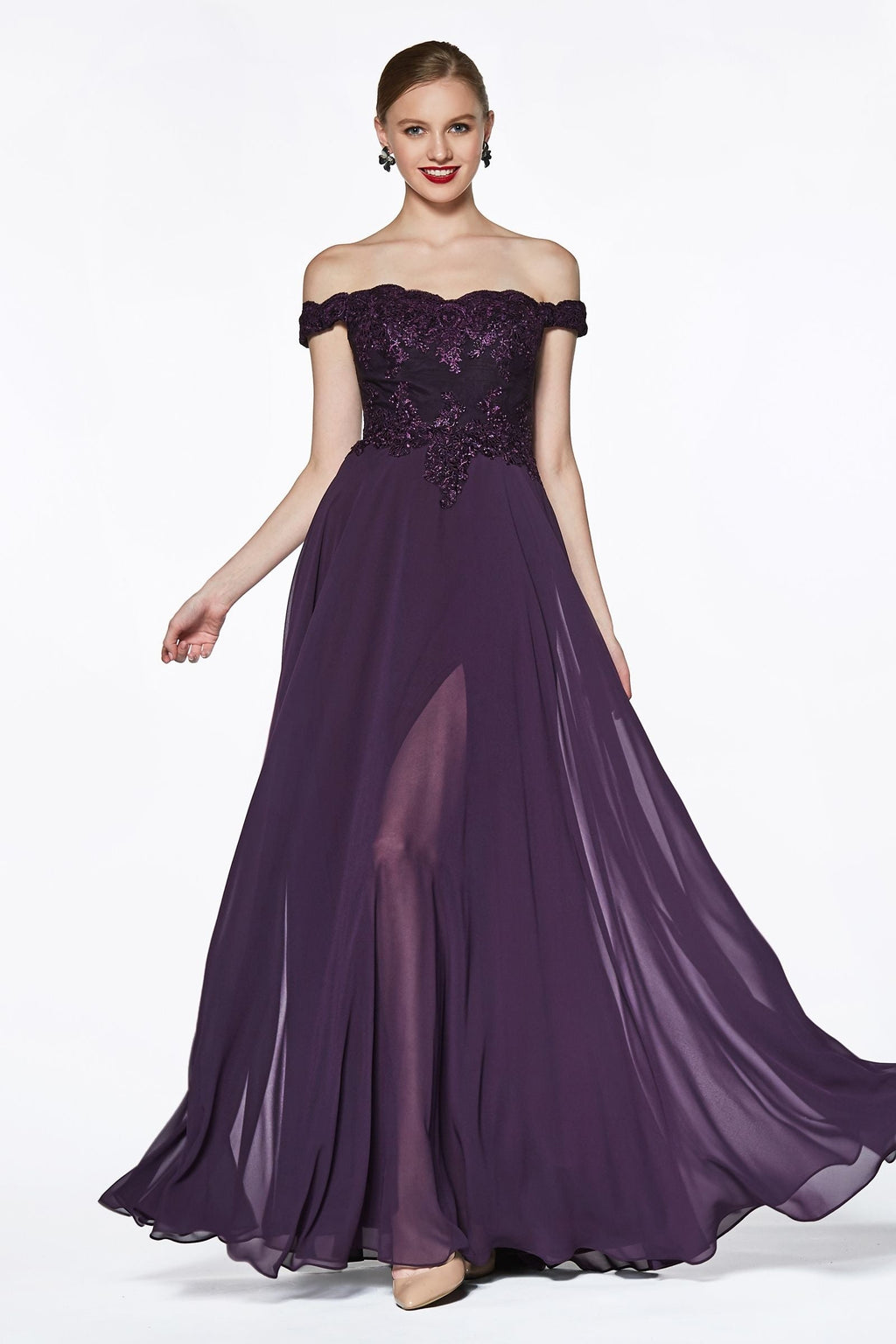 Off The Shoulder Lace Bodice Gown With Flowy Chiffon Bottom And Leg Slit In Lining.