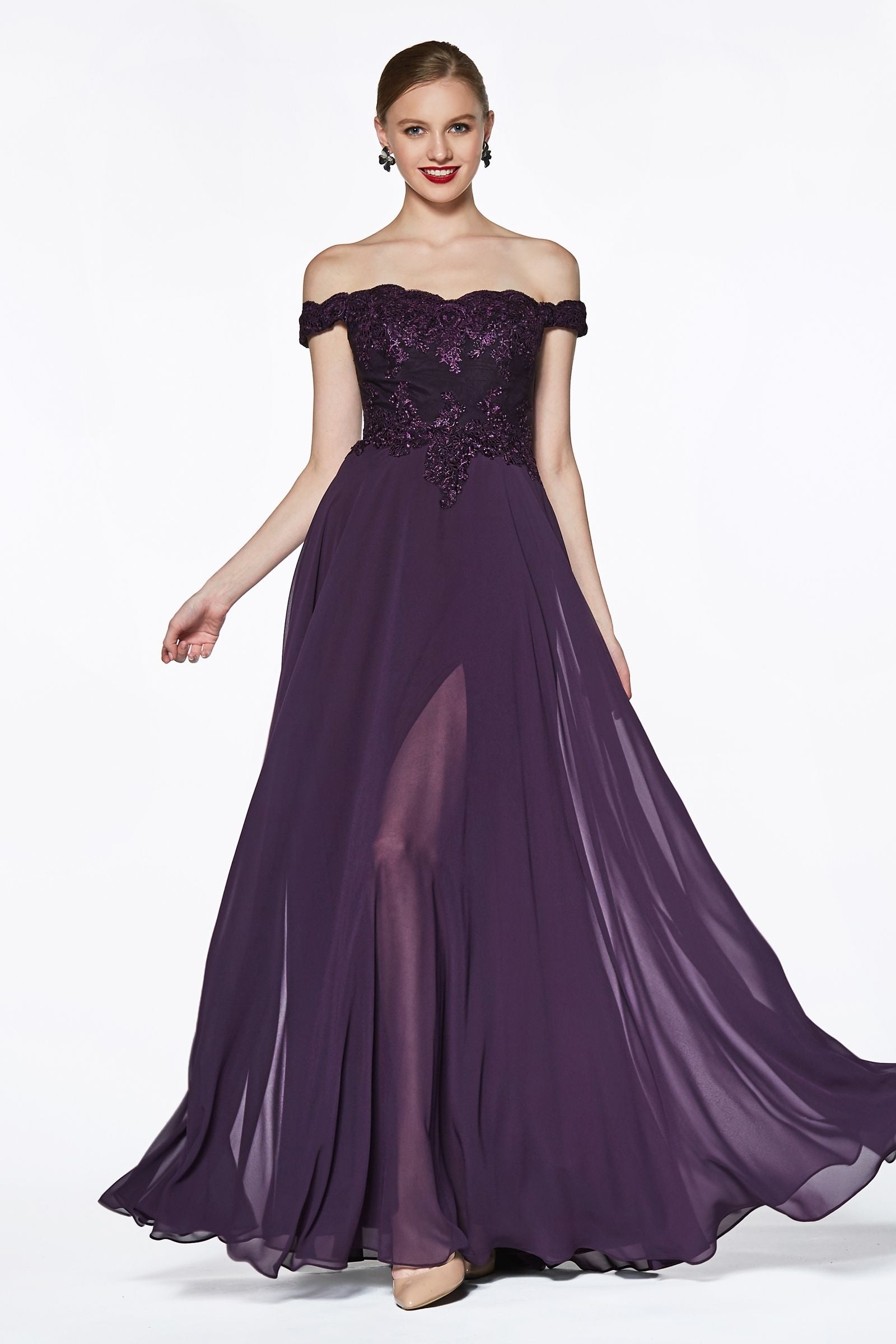 Off The Shoulder Lace Bodice Gown With Flowy Chiffon Bottom And Leg Slit In Lining.