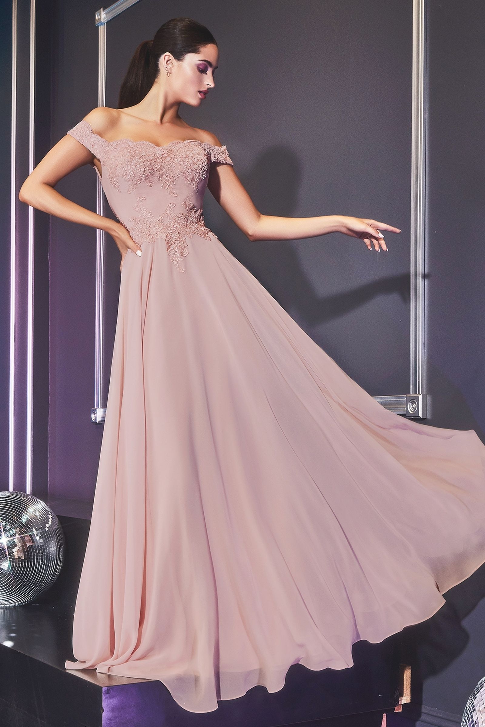 Off The Shoulder Lace Bodice Gown With Flowy Chiffon Bottom And Leg Slit In Lining. - RoshelLuxe.com