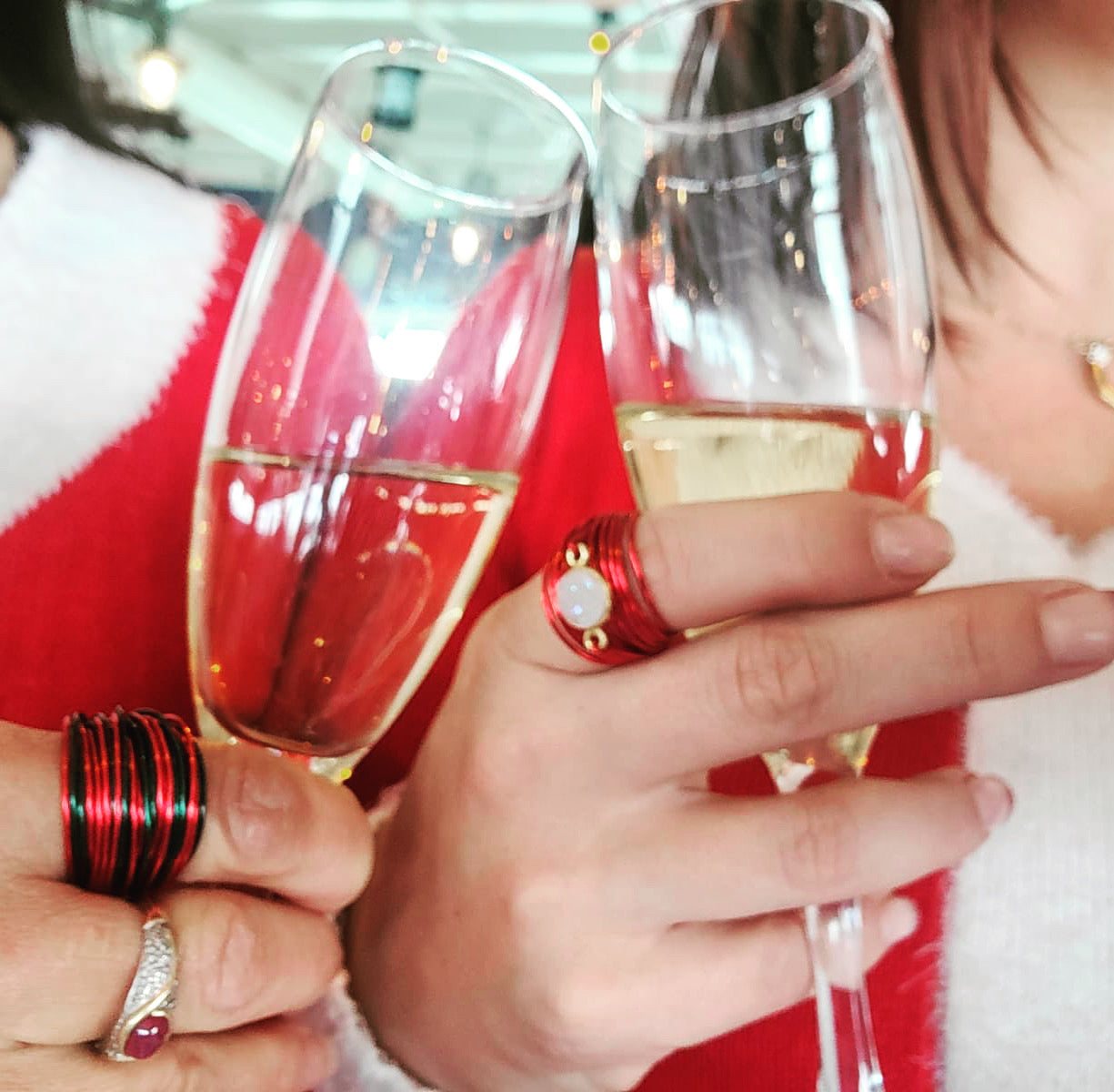 Red and green crystal wire wrap ring handmade jewelry for women- RoshelLuxe.com