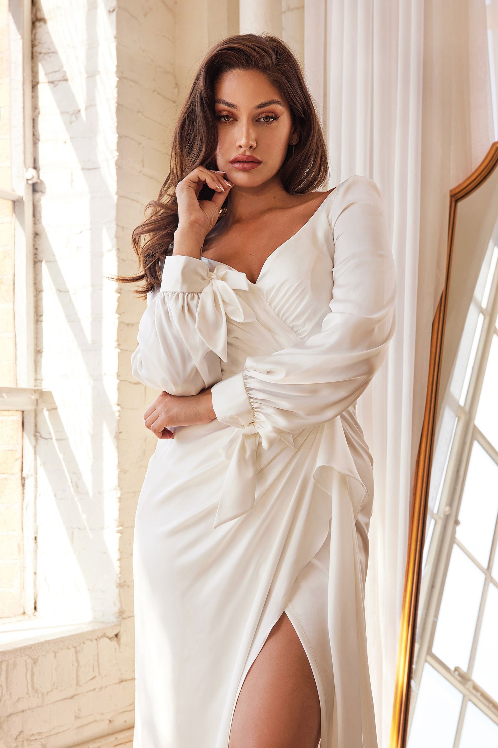 Long Sleeve Satin Bridal Gown - RoshelLuxe.com