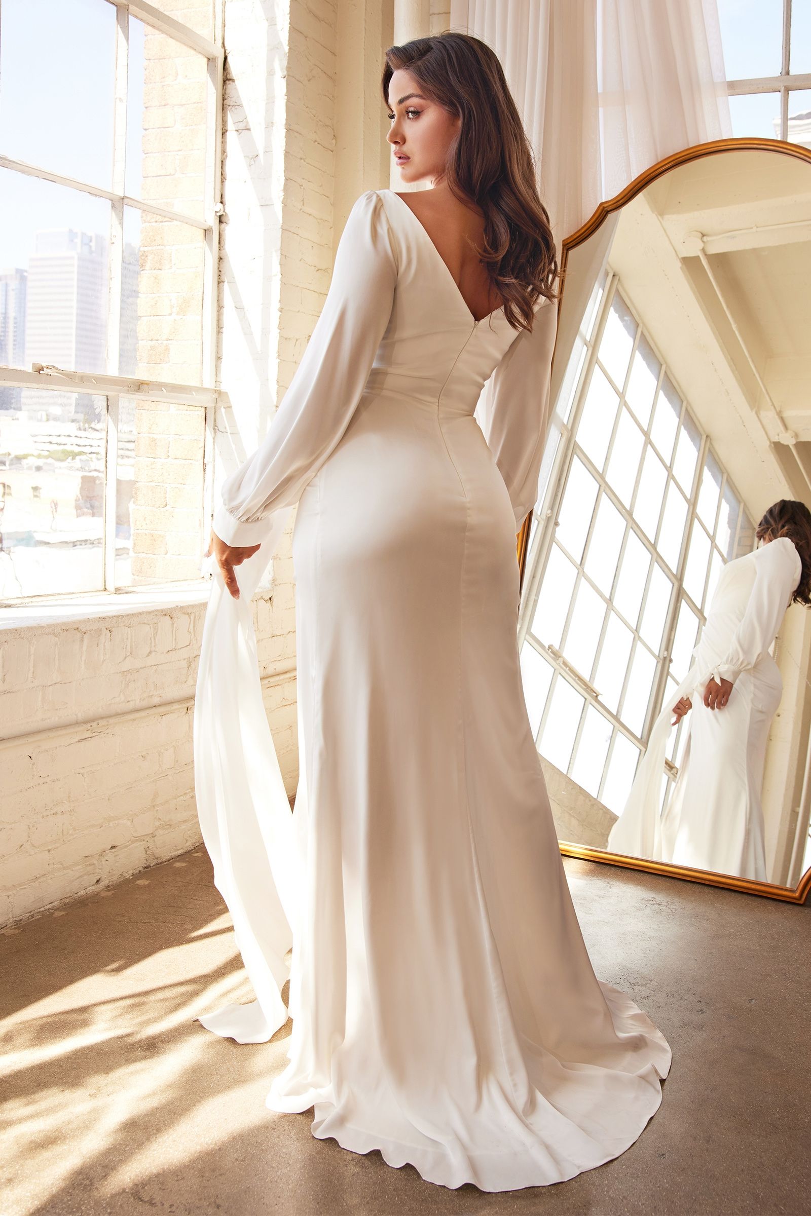Long Sleeve Satin Bridal Gown - RoshelLuxe.com