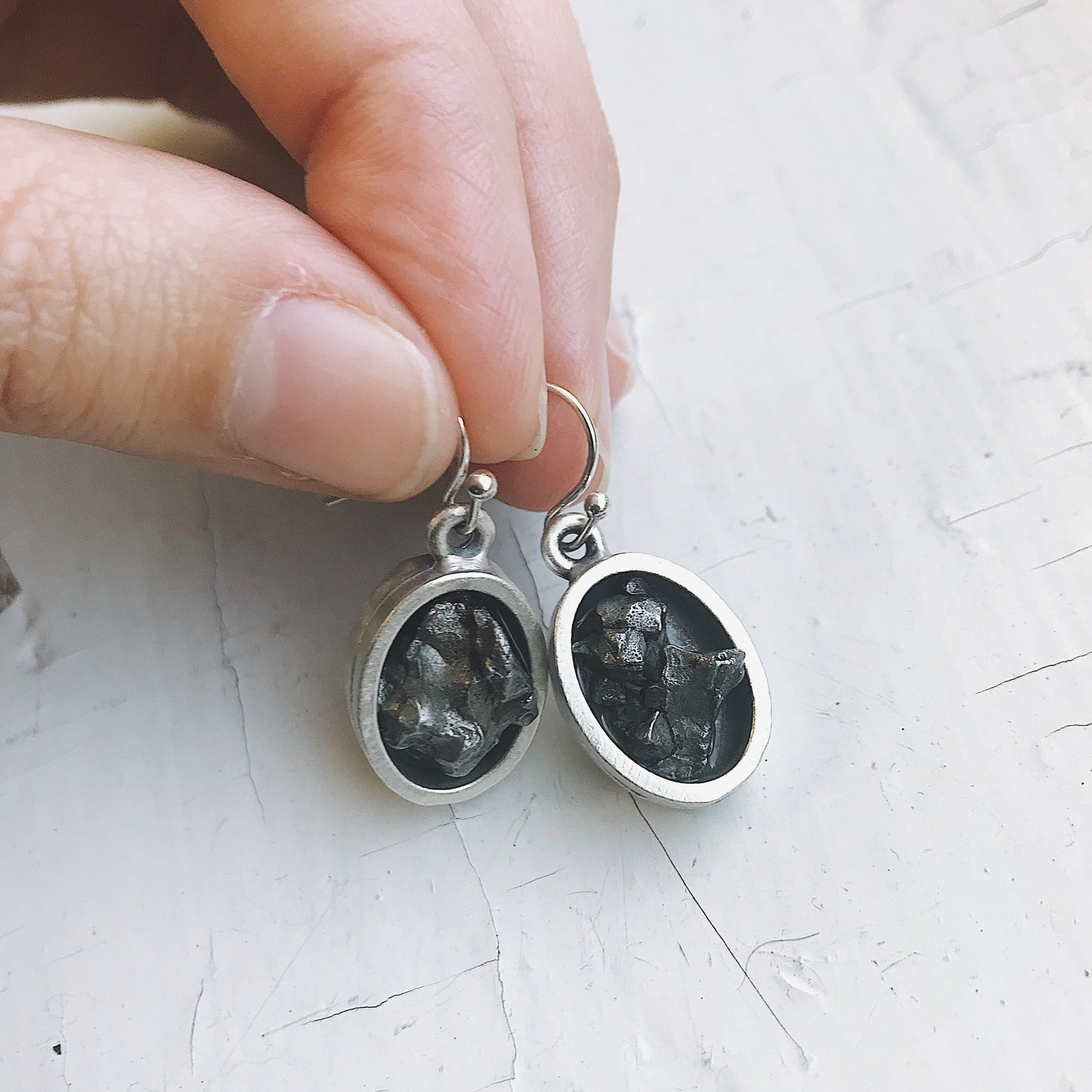 Oval Dangle Earrings with Raw Meteorite - RoshelLuxe.com