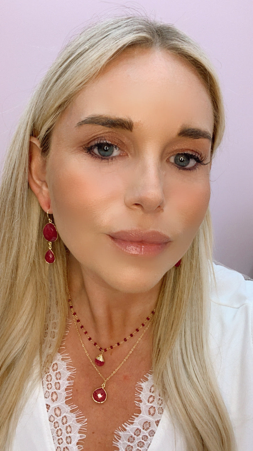 Double Jill Ruby Necklace with gold ruby chain and ruby pendant for elegant women’s luxury jewelry. - RoshelLuxe.com