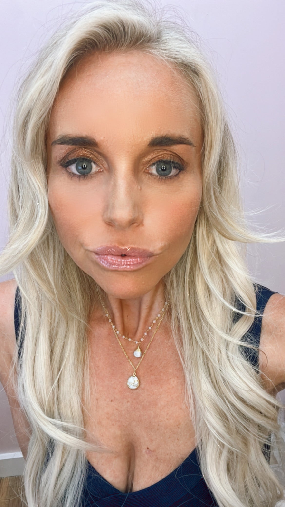 Double Jill Moonstone Necklace with gold chain and White Mojave Copper Turquoise pendant for luxury women’s jewelry.- RoshelLuxe.com