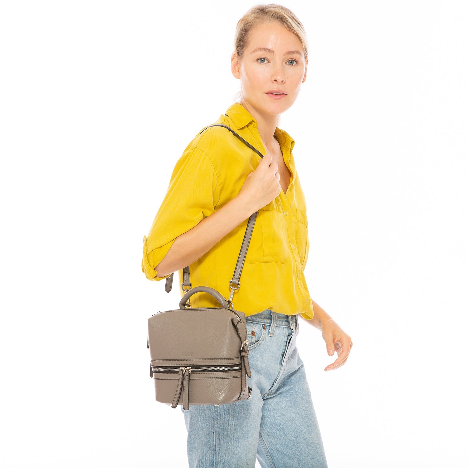 Gray Leather Backpack Purse for Women Convertible Crossbody Bag Medium Size with Front and Back Pockets - RoshelLuxe.com