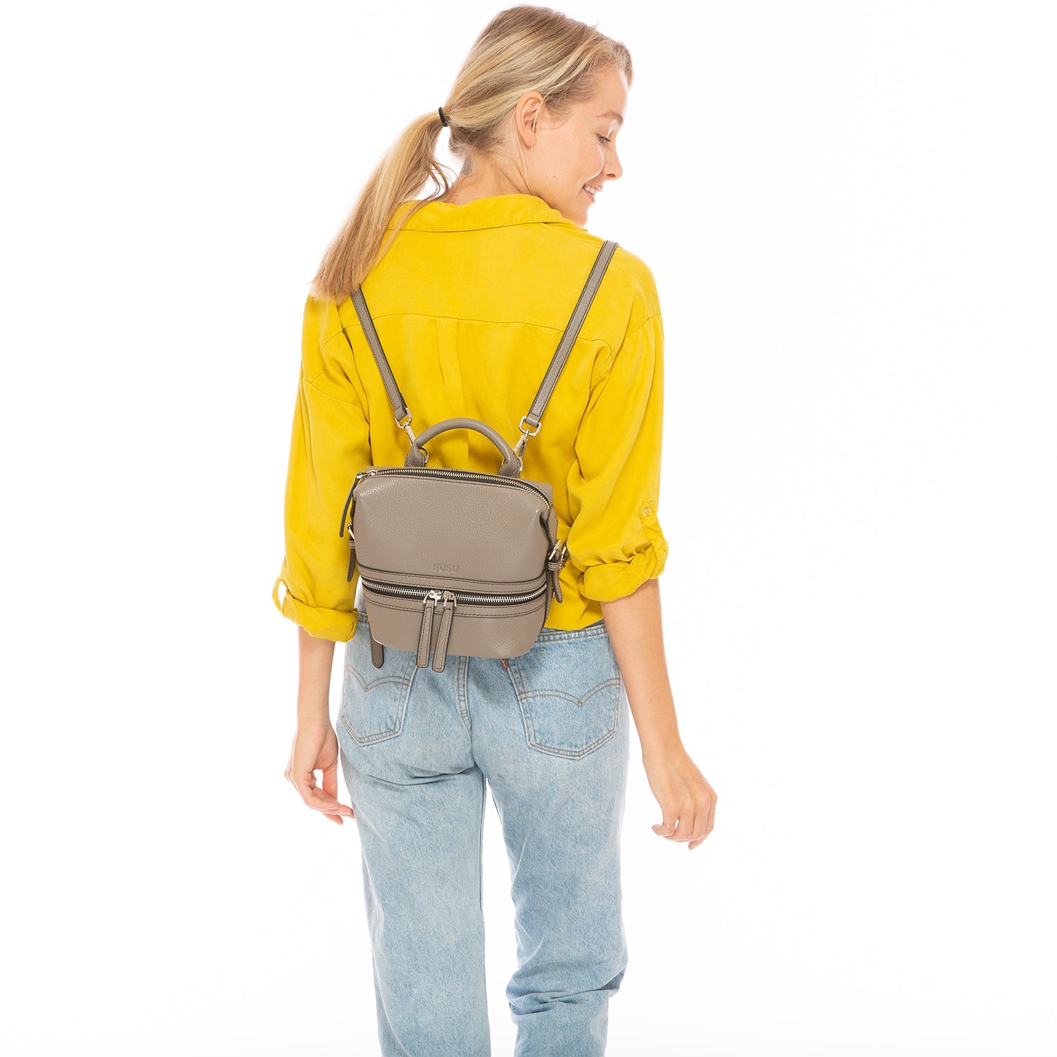 Gray Leather Backpack Purse for Women Convertible Crossbody Bag Medium Size with Front and Back Pockets - RoshelLuxe.com