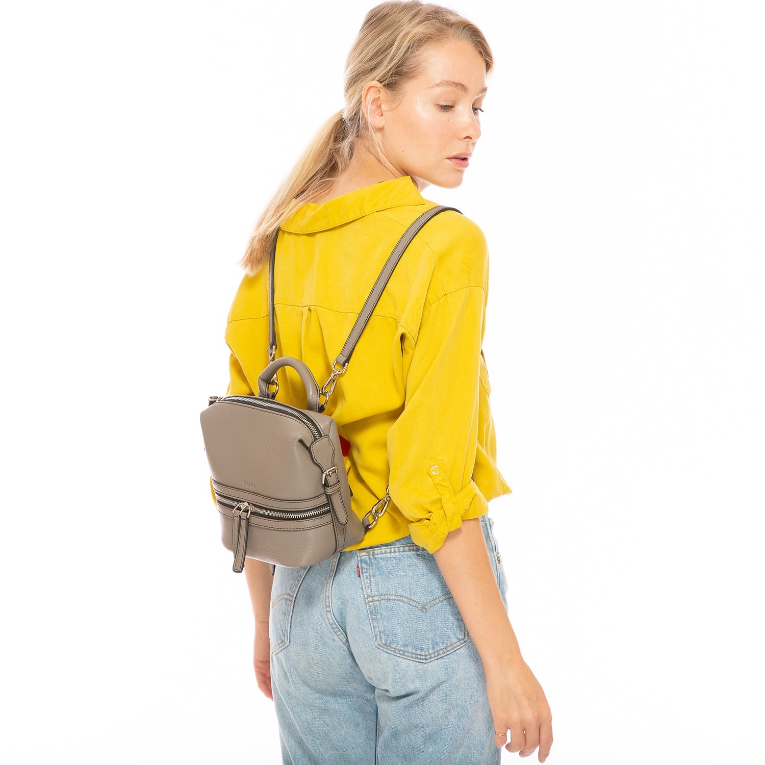 Gray Leather Backpack Purse for Women Convertible Crossbody Bag Medium Size with Front and Back Pockets