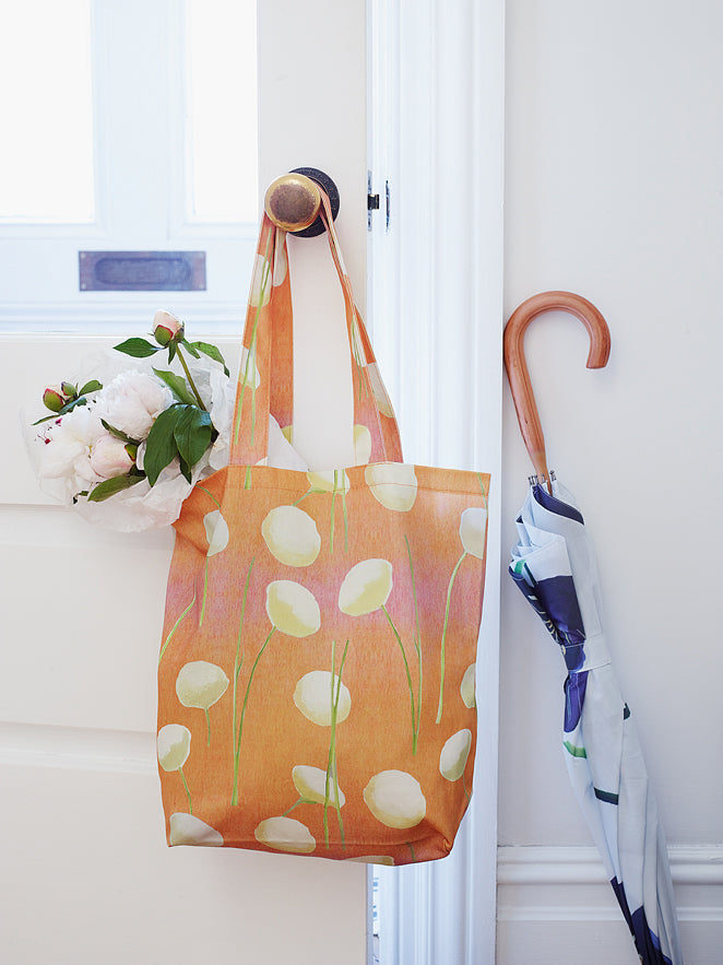 Tote Bag: Cream Flowers on Orange - RoshelLuxe.com