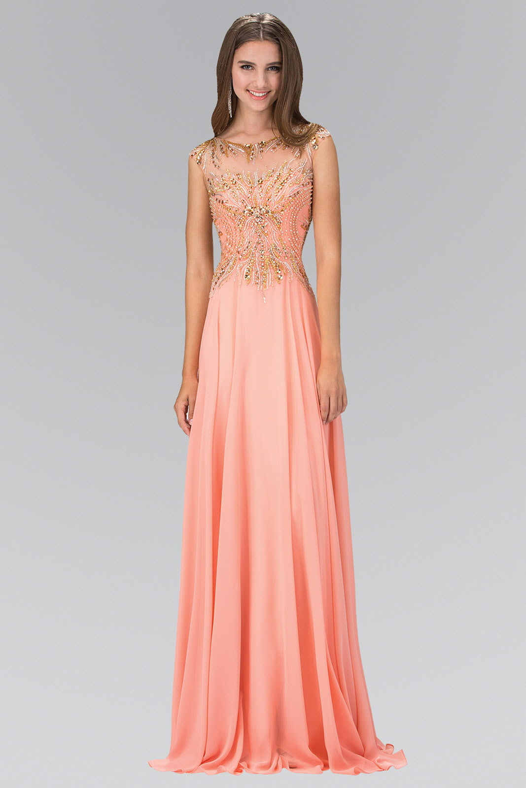 Floor Length Dress with Sheer Back and Bead Embellished Bodice - RoshelLuxe.com