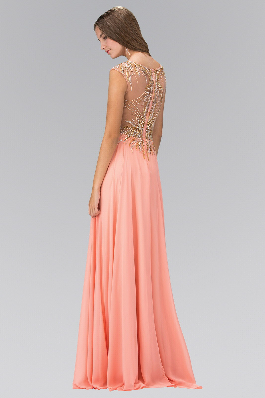 Floor Length Dress with Sheer Back and Bead Embellished Bodice - RoshelLuxe.com