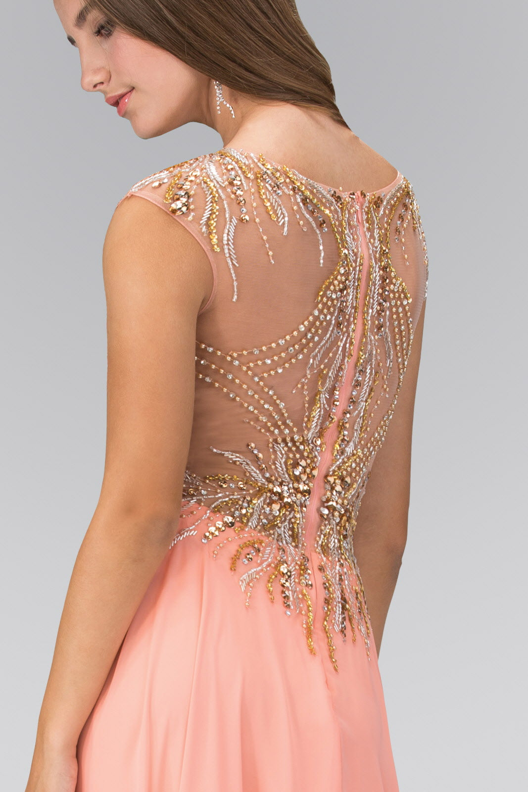 Floor Length Dress with Sheer Back and Bead Embellished Bodice - RoshelLuxe.com