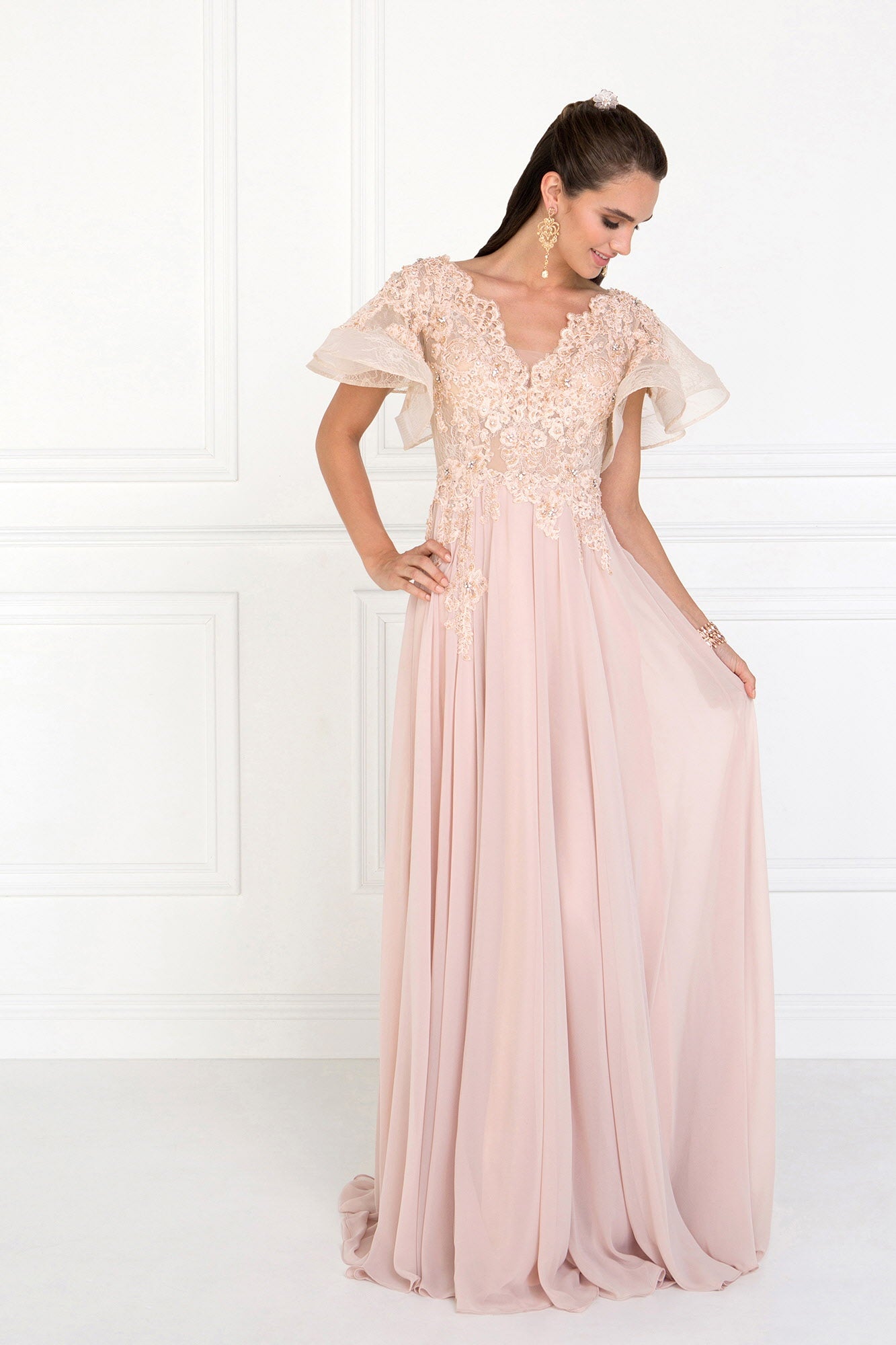 Chiffon Wide V-Neck A-Line Long Dress with Ruffled Short Sleeves - RoshelLuxe.com